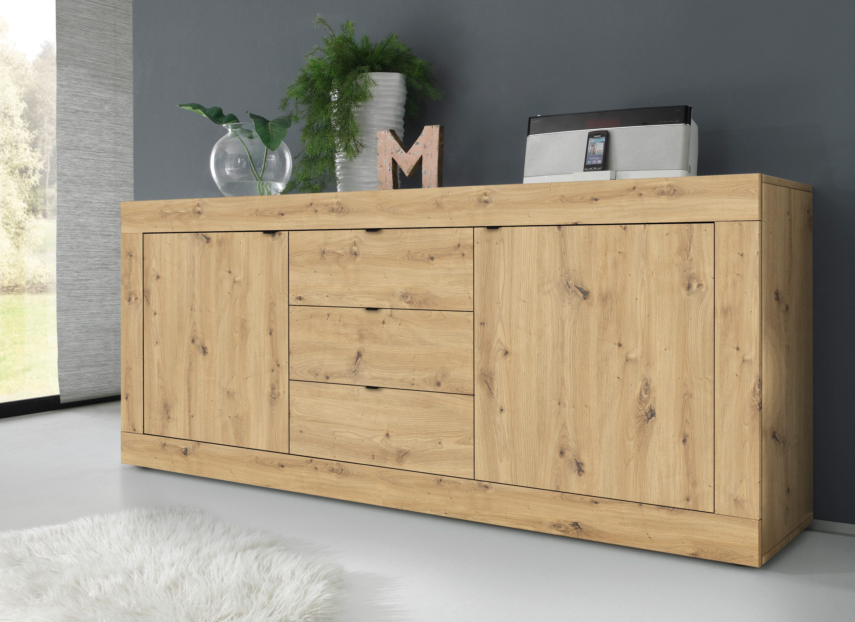 INOSIGN Sideboard Basic Breite 210 cm, Kommode 2 Türen, 3 Schubkästen, Anrichte, Metallgriff, moderne Rahmenoptik, viel Stauraum, Farbauswahl