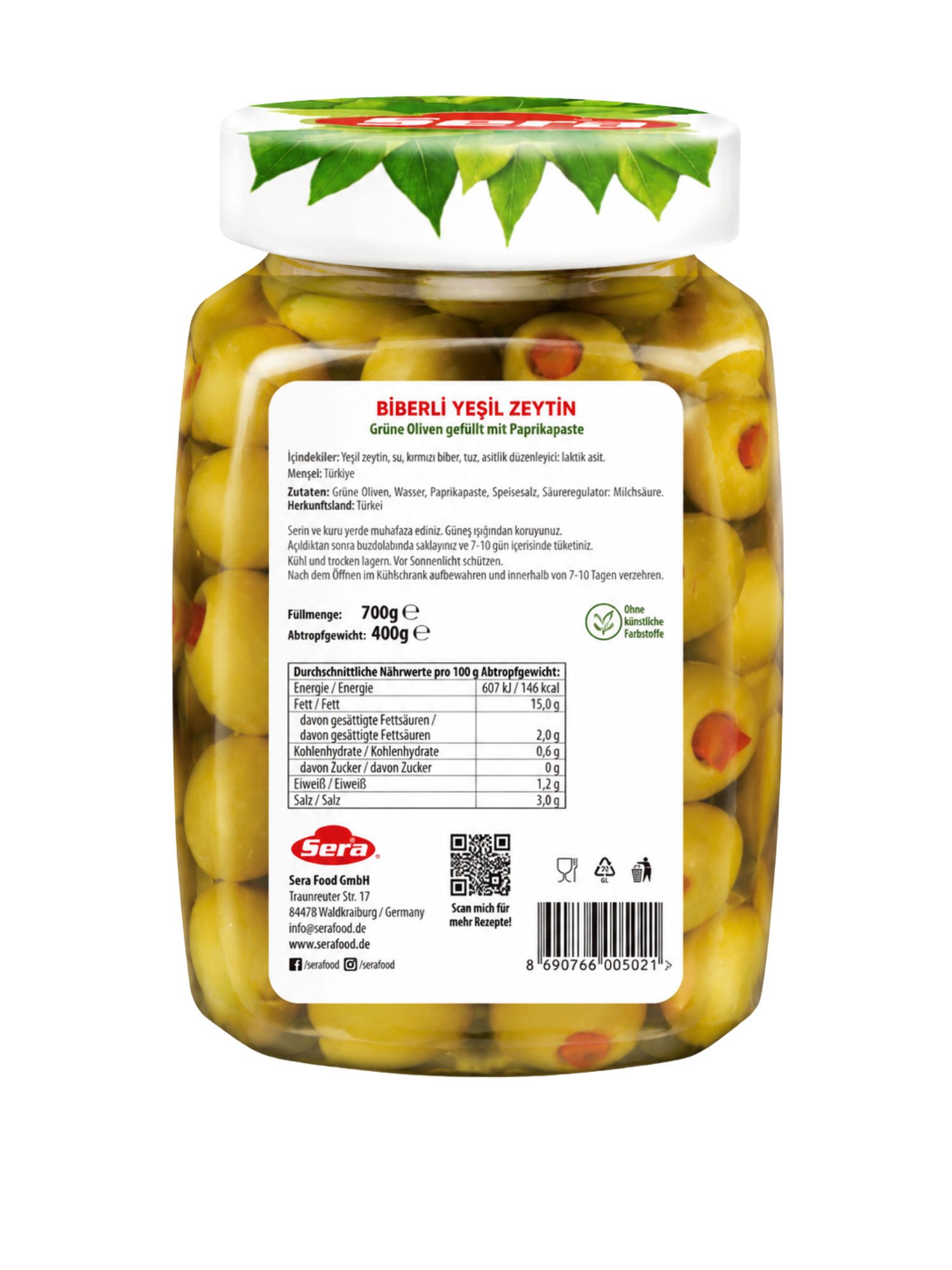 SERA FOOD Antipasti Sera Grüne Oliven mit Paprikapaste gefüllt 700g, 1 x 7000 g, Knackige Mediterrane Paprika-Oliven im Vorratsglas