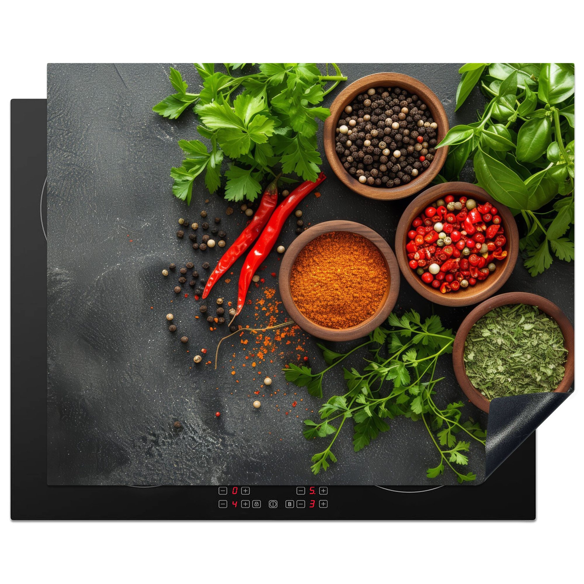 MuchoWow Herd-Abdeckplatte Kräuter - Paprika - Betonoptik/print, Vinyl, (1 tlg), Herdabdeckplatten für Ceranfeld, Induktionsschutz, 65x55 cm