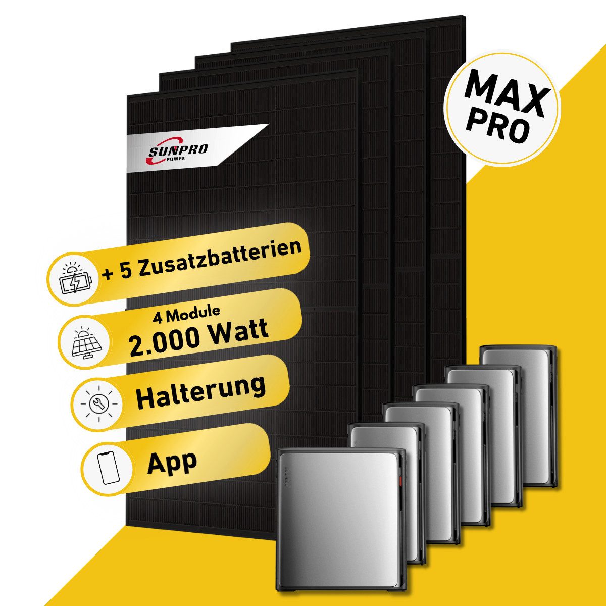 Balkonstrom Balkonkraftwerk MAX Pro 4000 Watt Solaranlage mit Speicher Komplettset Bifazial, 2000 W, Monokristallin, (4x Sunpro Solarmodul á 500 Watt, 1x EcoFlow STREAM Ultra X, 1-5 Zusatzspeicher AC Pro), Halterung für Dach, Fassade, Balkon & Garten, App & Plug&Play DE