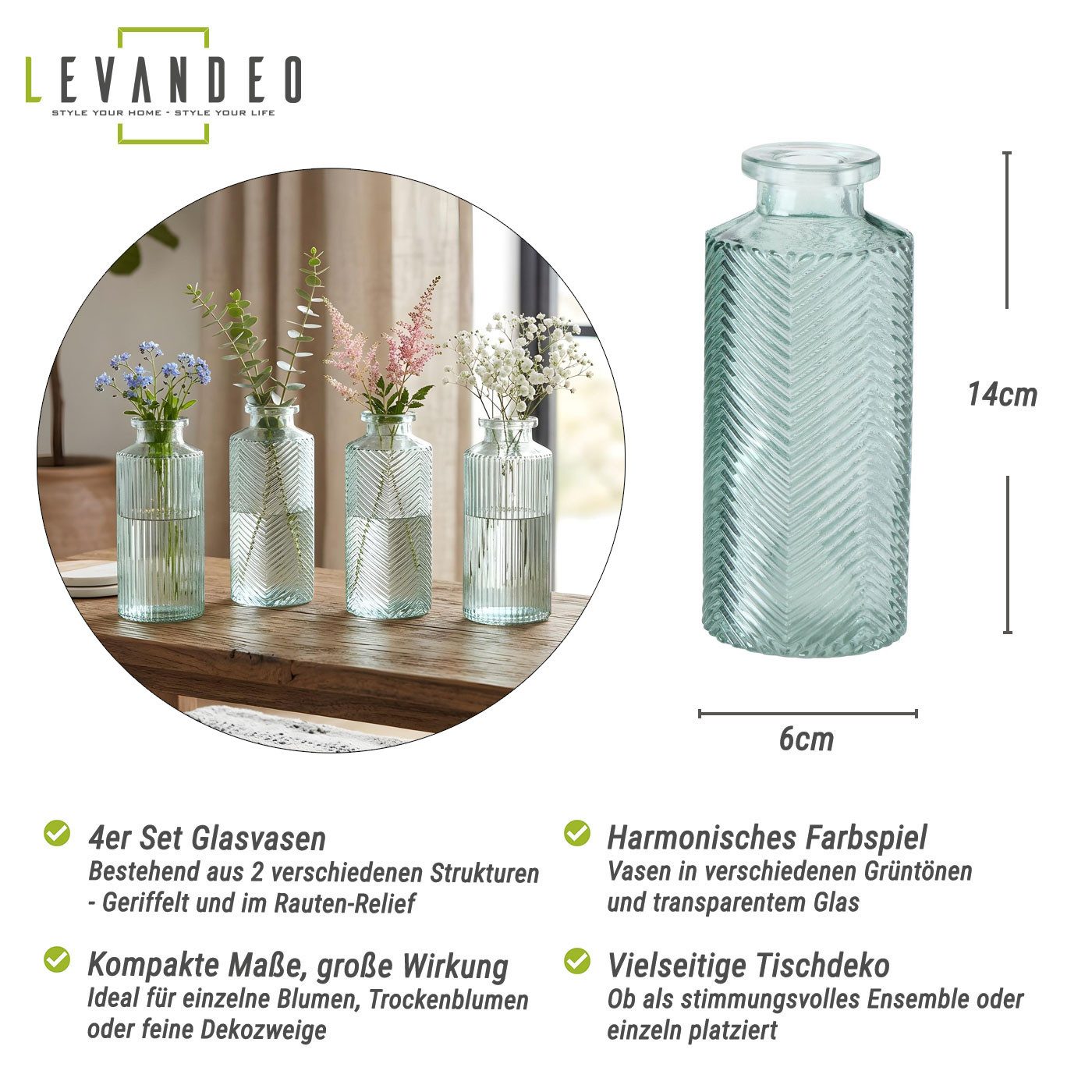 Levandeo® Dekovase, 4er Set Vase Glas Grün H14cm Grau Glas Blumenvase Tischdeko