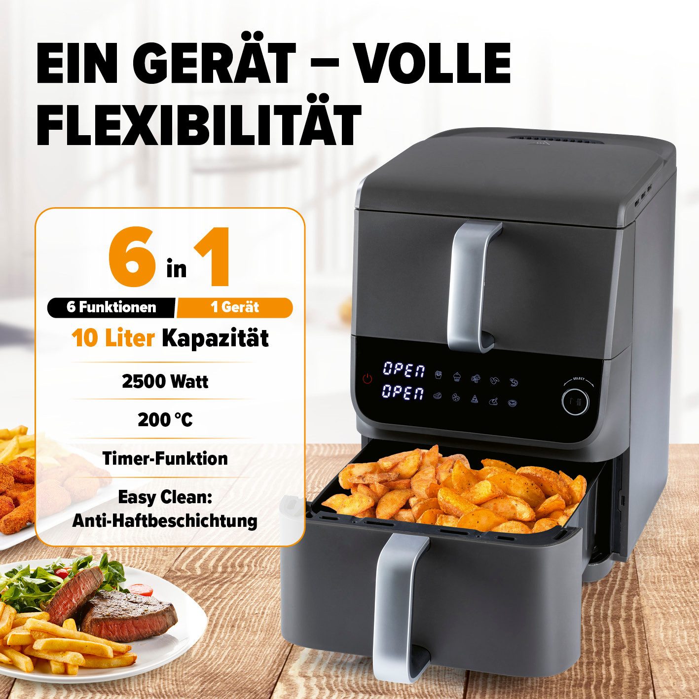 GOURMETmaxx Heißluftfritteuse, 2500 W, 2 Ebenen Air Fryer Smart-Cook-Funktion 10 Programme 6 Funktionen