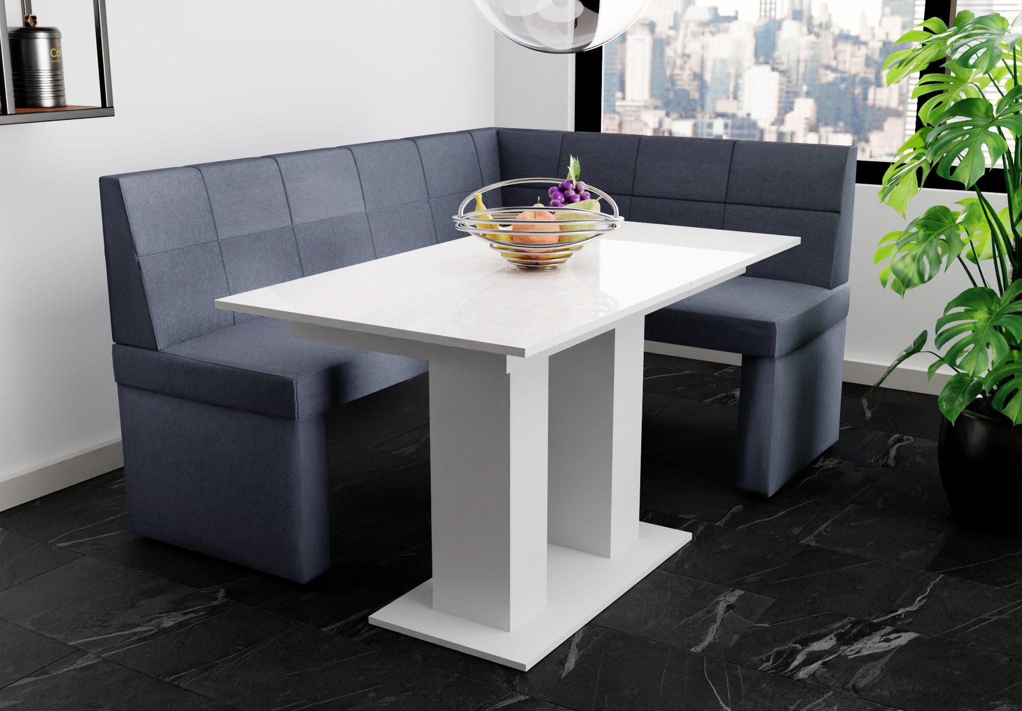 Eckbankgruppe Hochglanz, Möbel mit Weiß Tisch Eckbankgruppe Fun Tisch 168x128cm ausziehbarer „BLAKE“ Größe