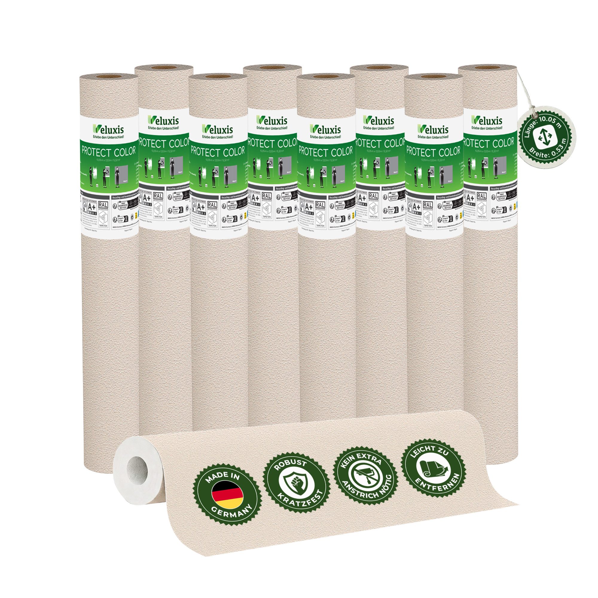 Veluxis Vliestapete Protect Color - 10,05 m x 0,53 m, kein Anstrich notwendig, extrem kratz- & stoßfest, rissüberbrückend