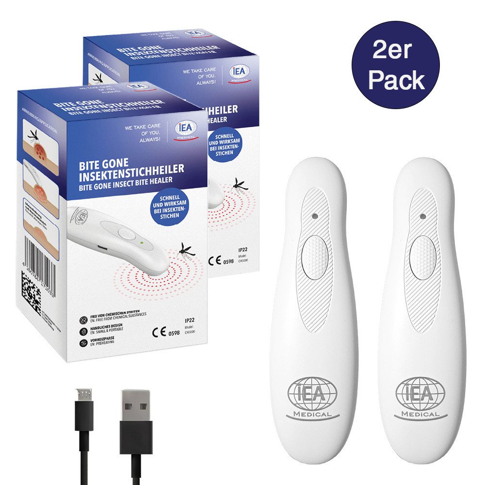 IEA Medical Insektenstichheiler 2er Set Elektrischer Stichheiler USB-C, 2 Modi, kompakt, 2x Insektenstichheiler, Wärmeanwendung, bis zu 200 Anwendungen pro Ladung, ohne Chemie
