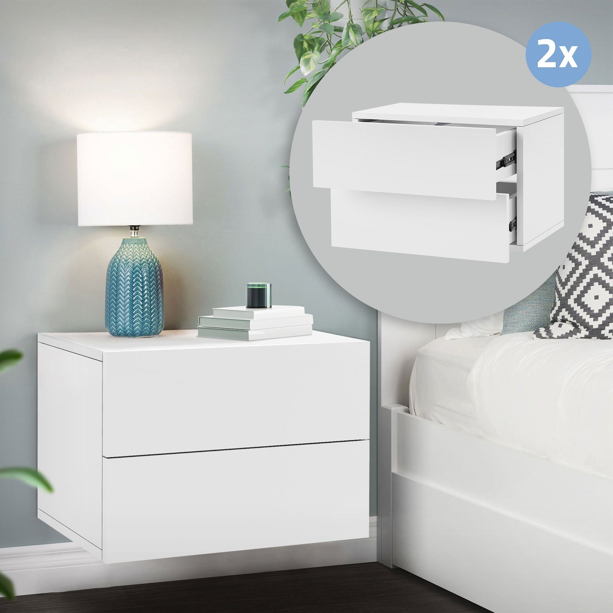 MLDESIGN Nachttisch 2x Nachttisch Hängend mit 2 Schubladen Kommode Nachtschrank Weiß Matt
