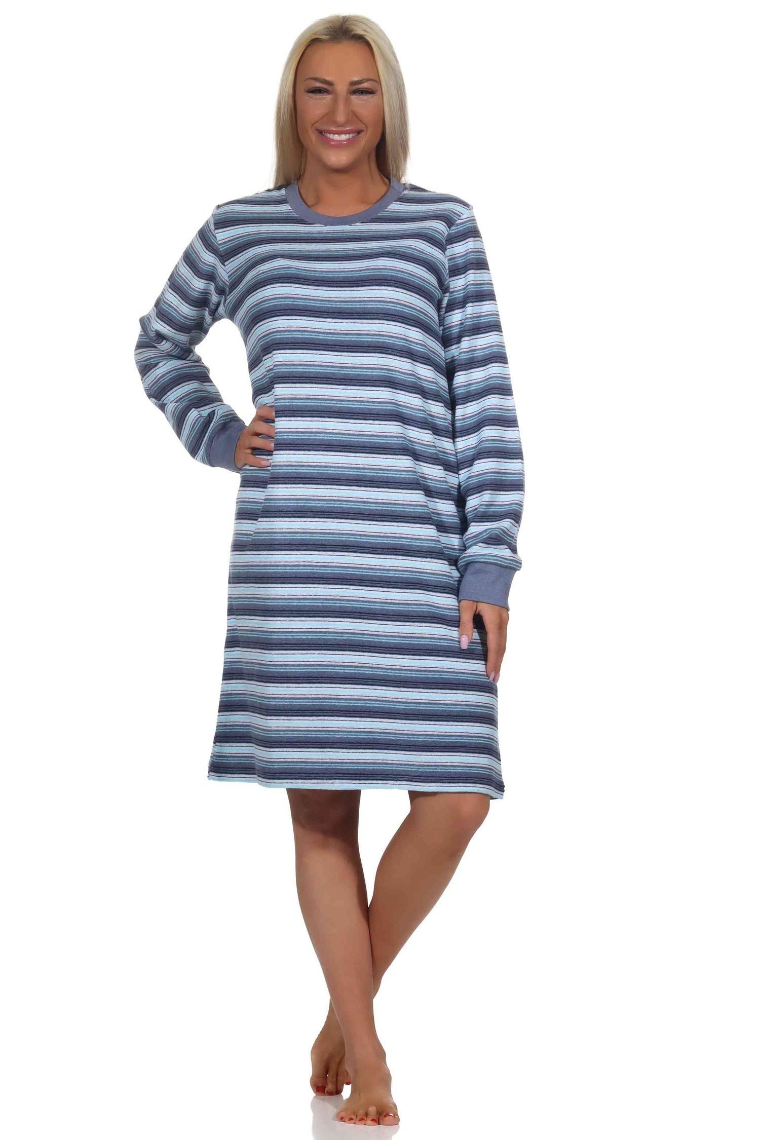 Normann Nachthemd Damen Frottee Nachthemd mit Bündchen in elegantem Streifendesign