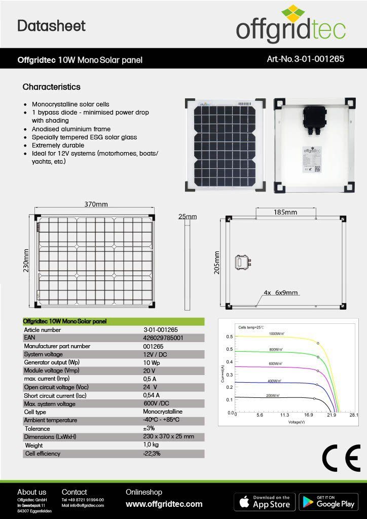 Offgridtec® MONO Solarmodul Monokristallin, Solarpanel, offgridtec 12V Set) 10W (kein