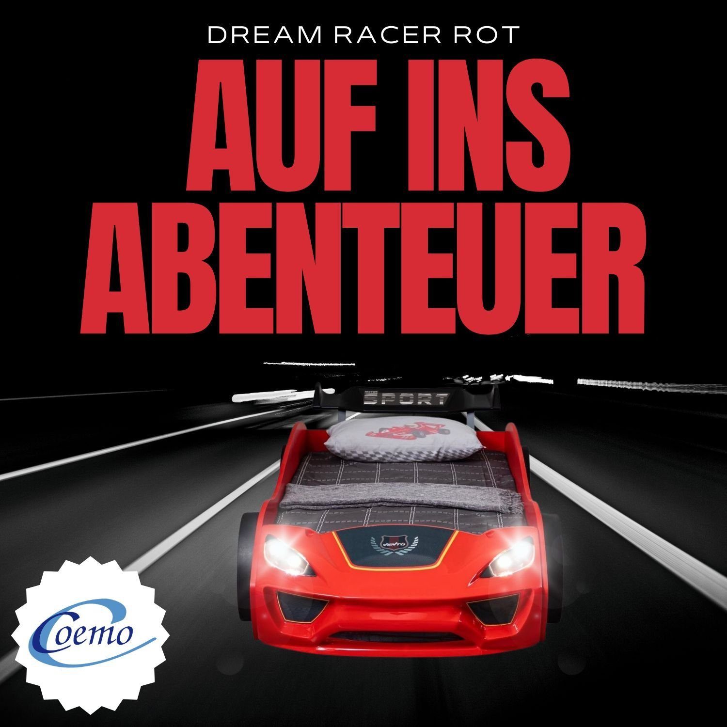 RACER mit Rot Rot (Kinderbett Autobett Lattenrost | Spoiler), mit 90x200 Coemo DREAM Renn-Design