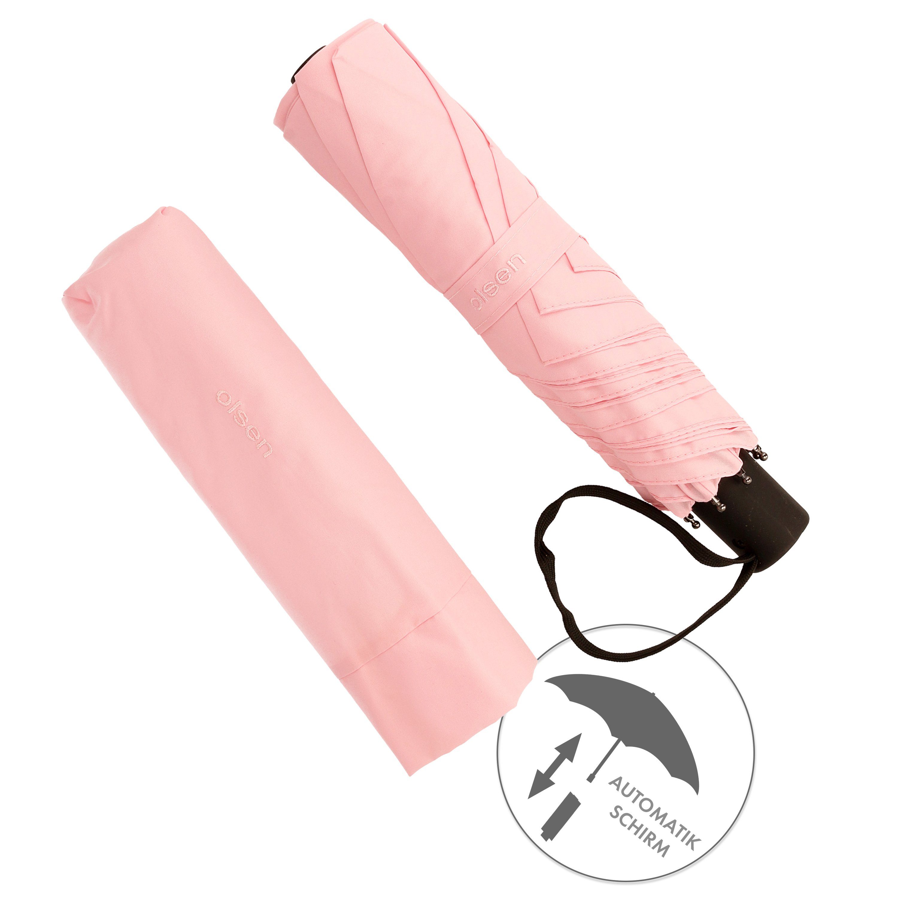 Olsen Taschenregenschirm Automatik Kleiner Taschenschirm mini für Damen und Herren, mit Rutschfestem Griff Rosa