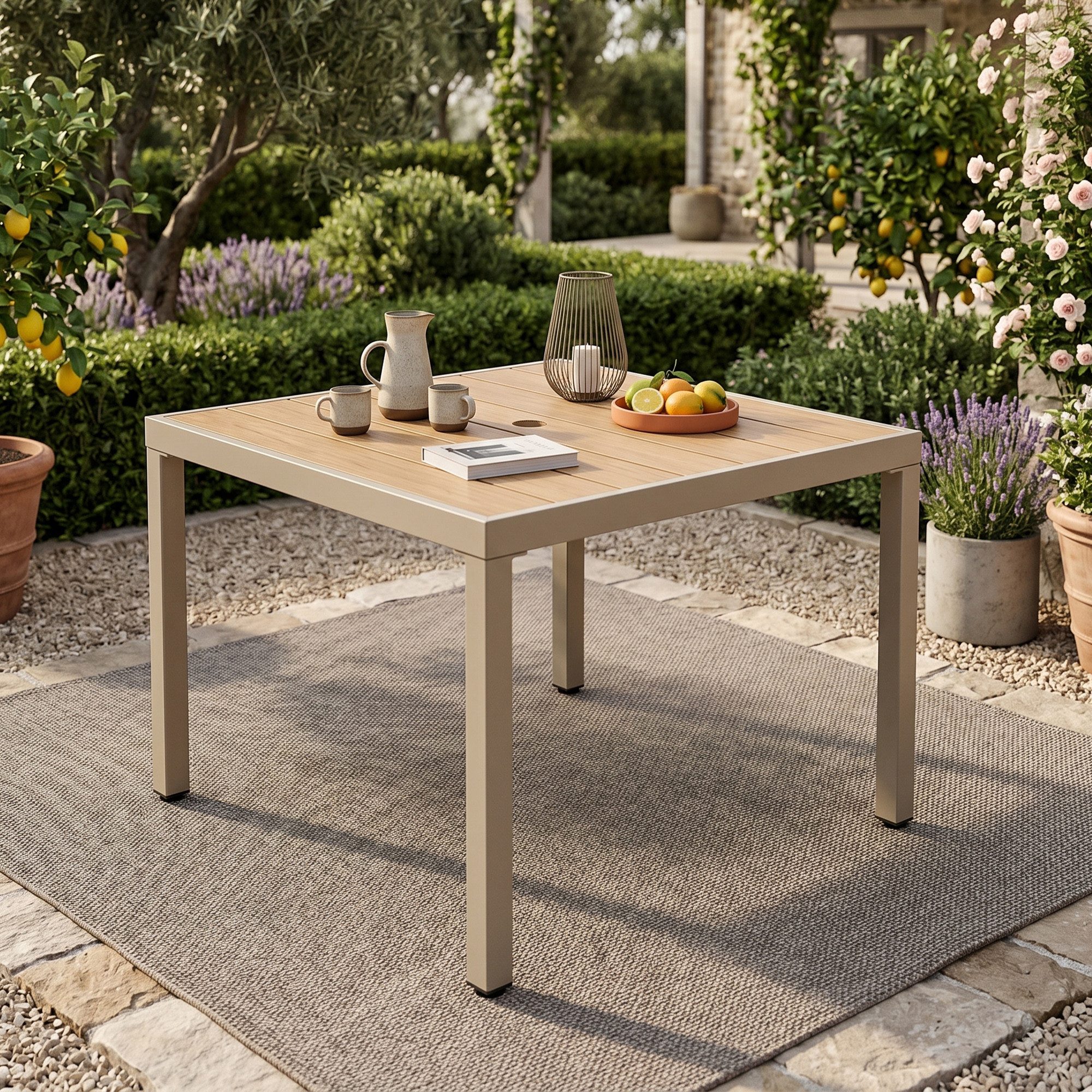 CHICFURN Gartentisch Outdoor Esstisch für 4 Personen (Packung, 1-St., Mit Kunststoffholz-Tischplatte, Verzinktes Eisengestell, Schirmloch), 84 × 84 × 74,5 cm, Khaki