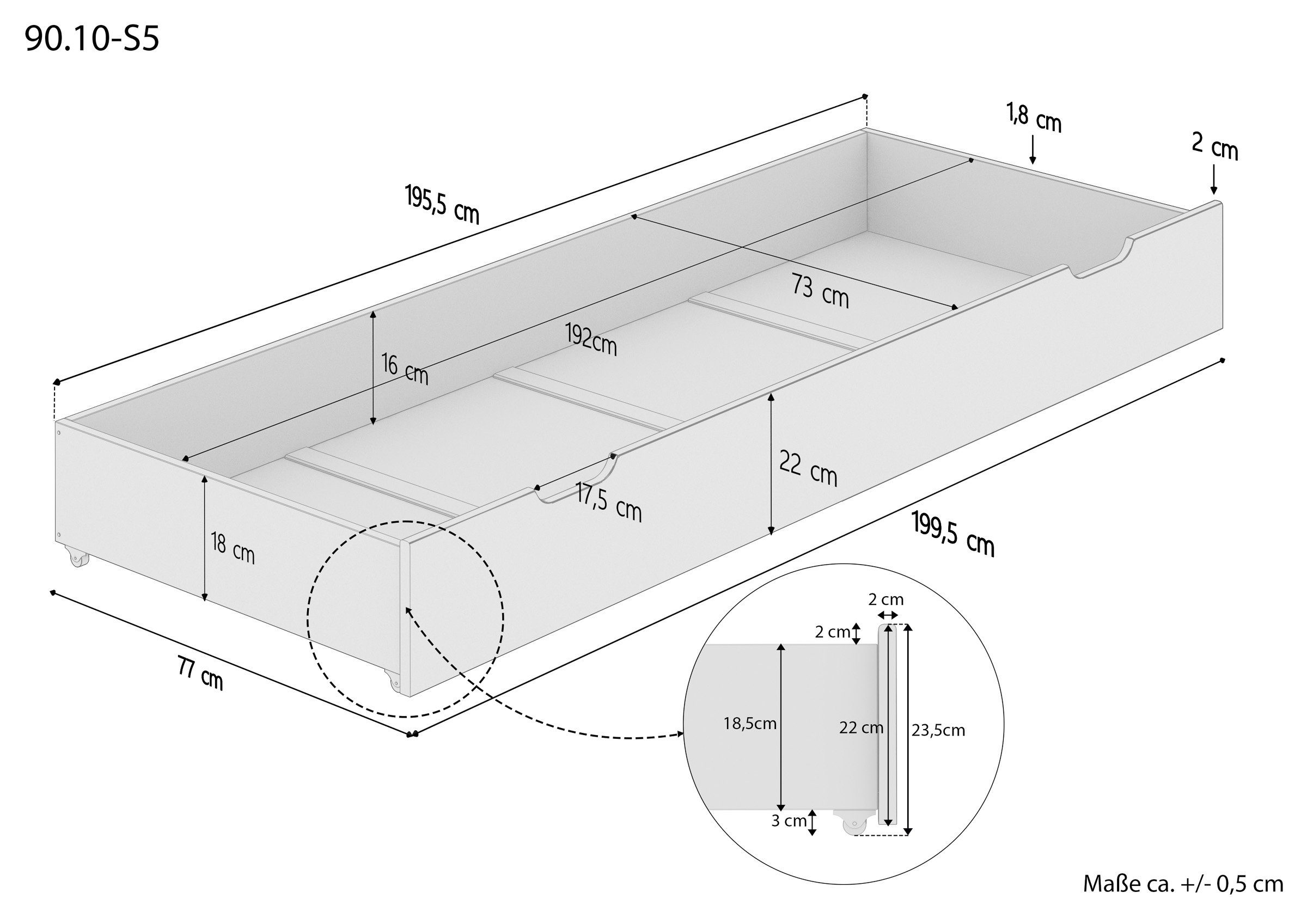 90.10-S5W ERST-HOLZ für 80x200 weiß schmale Bettkasten Unterbettkommode - Kiefer Betten Kiefer weiß, Bettkasten