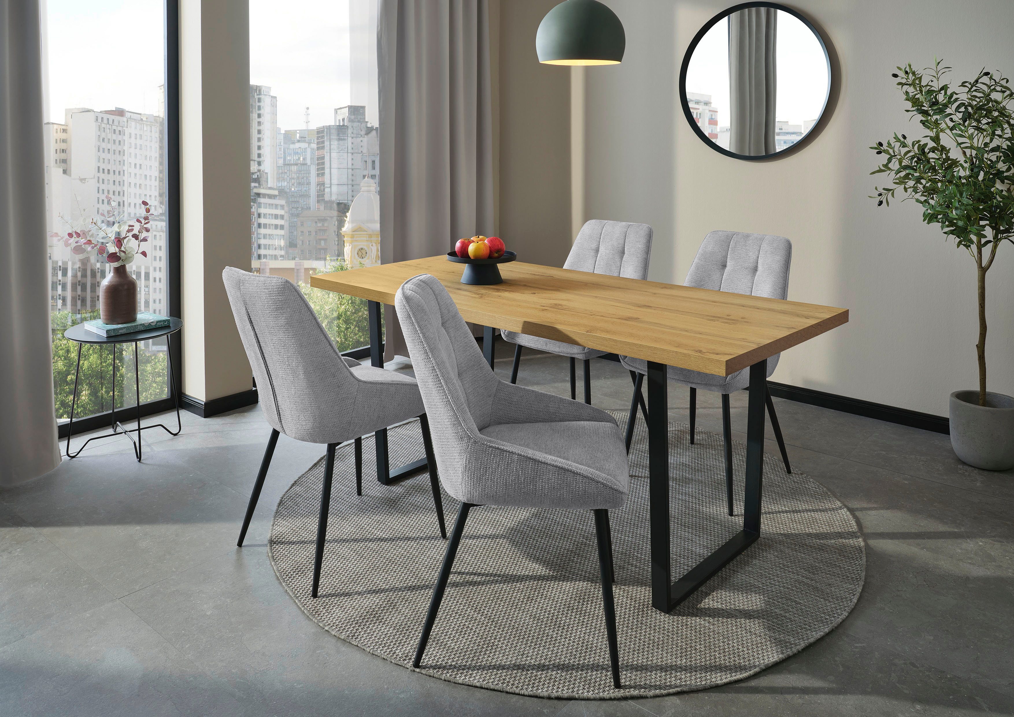 Jockenhöfer Gruppe Essgruppe ROGER, Sitzgruppe, Tisch, 4 Stühle, (Set, 5-tlg), Tischplatte Wildeiche, Stühle mit Webstoff