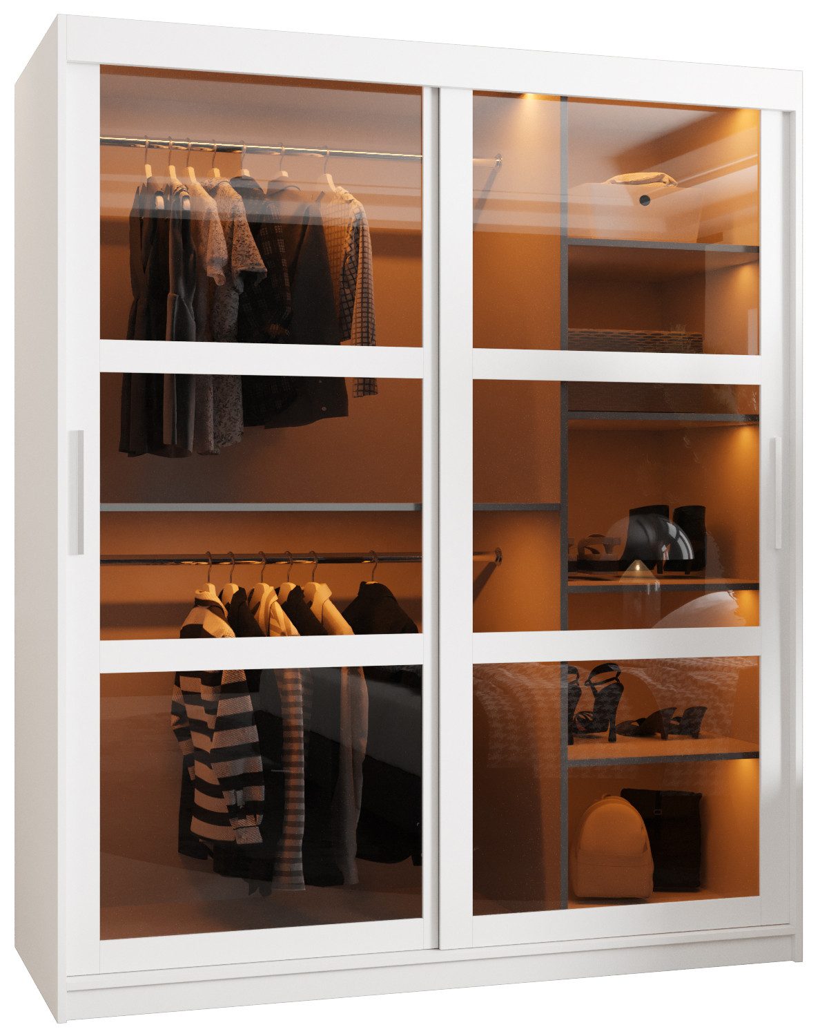 MOEBLO Schiebetürenschrank DEMO mit LED (Kleiderschrank Schwebetürenschrank 2-türig Schrank mit vielen Einlegeböden und Kleiderstange mit LED Gaderobe Schiebtüren Schlafzimmer- Wohnzimmerschrank Modern Design)