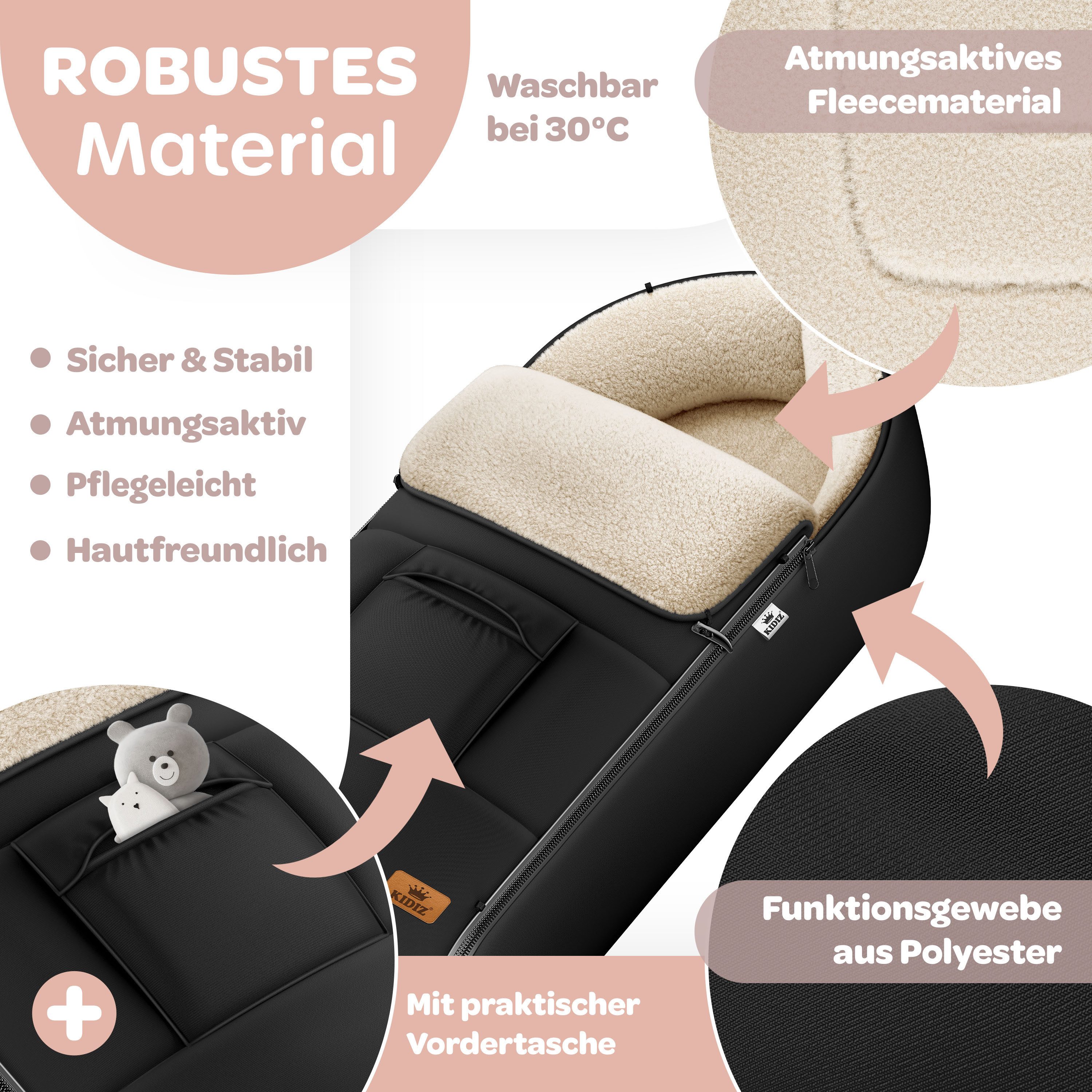 KIDIZ Fußsack Winterfußsack gefüttert, mit weichem Fleece gefüttert, für Kinderwagen, Autositz & Buggys – Bild 5 von 5