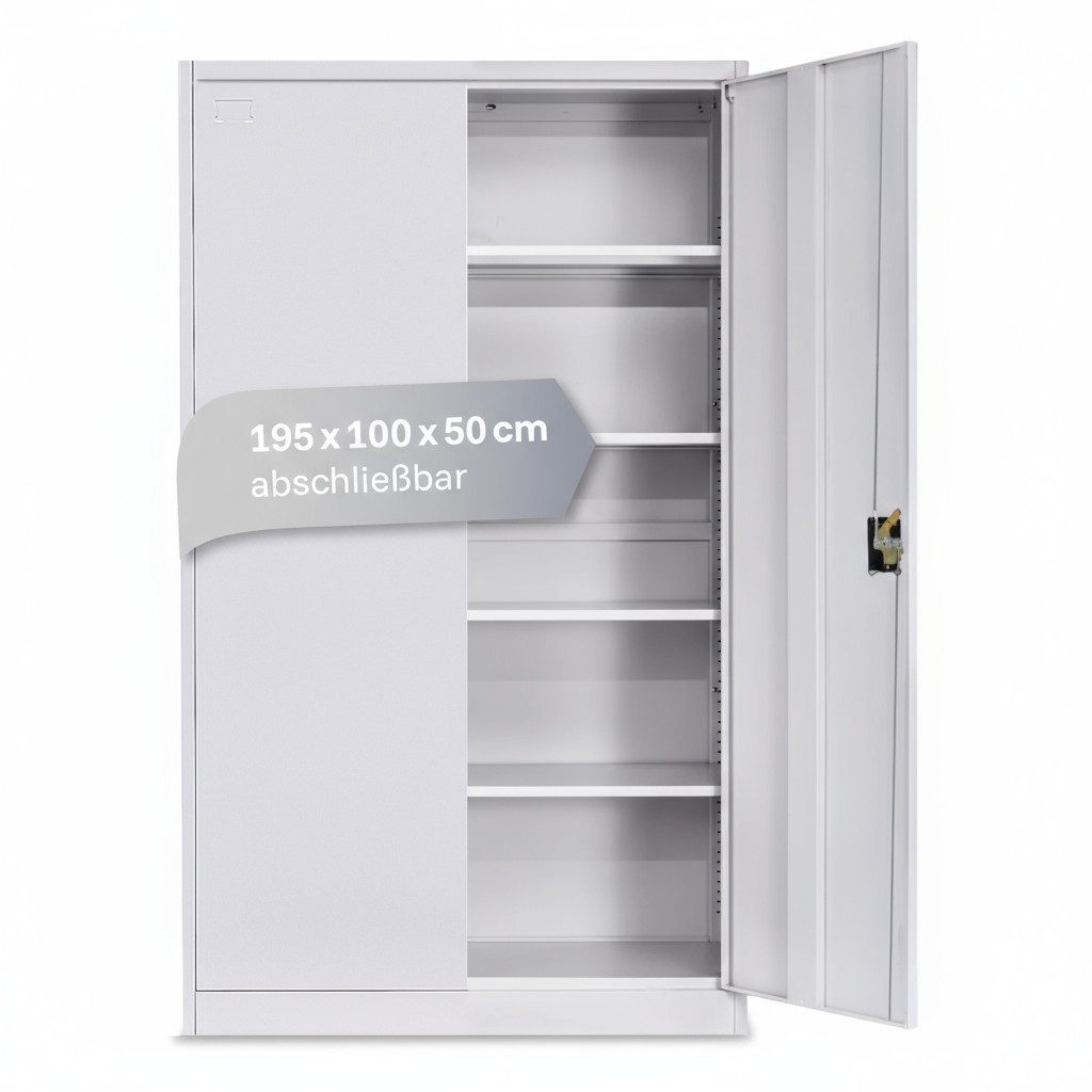 LagerZwei Aktenschrank Stahlschrank 195x100x50 cm (1-St) 3-fach verriegelt, 4 Böden, bis 60 Ordner, Flügeltüren 130°