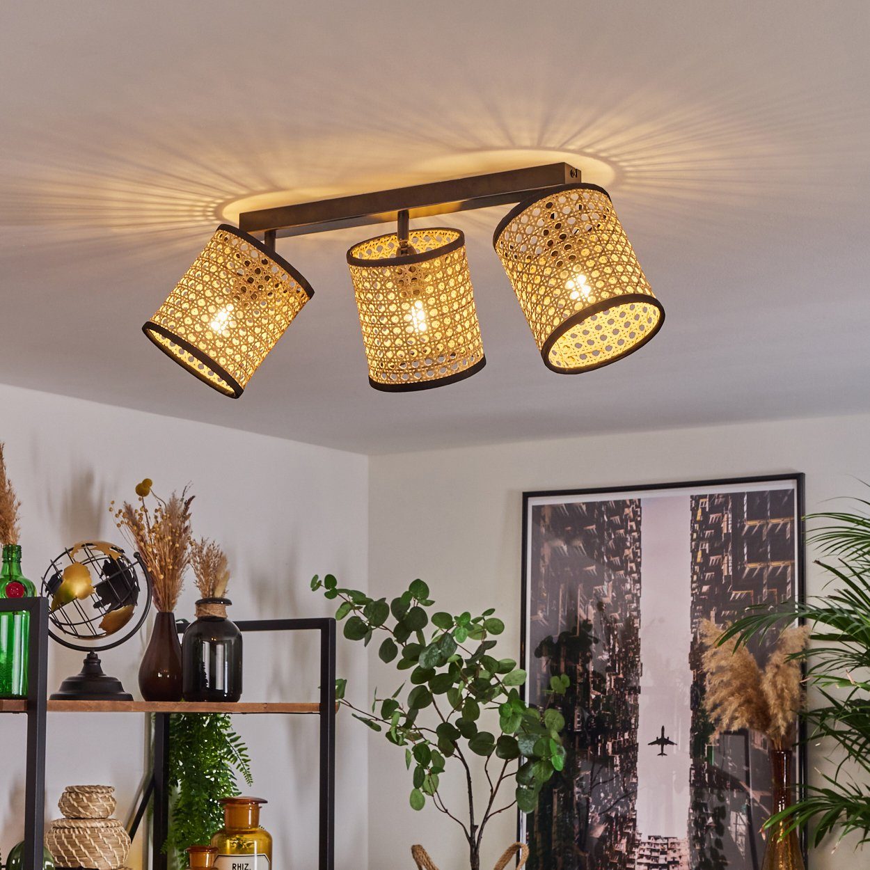 moderne E14 verstellbar, »Silos« Schwarz/Natur, Metall/Rattan durch Deckenlampe aus Schirme ohne in mit in Deckenleuchte Gitter-Optik, Leuchtmittel, Lichteffekt hofstein