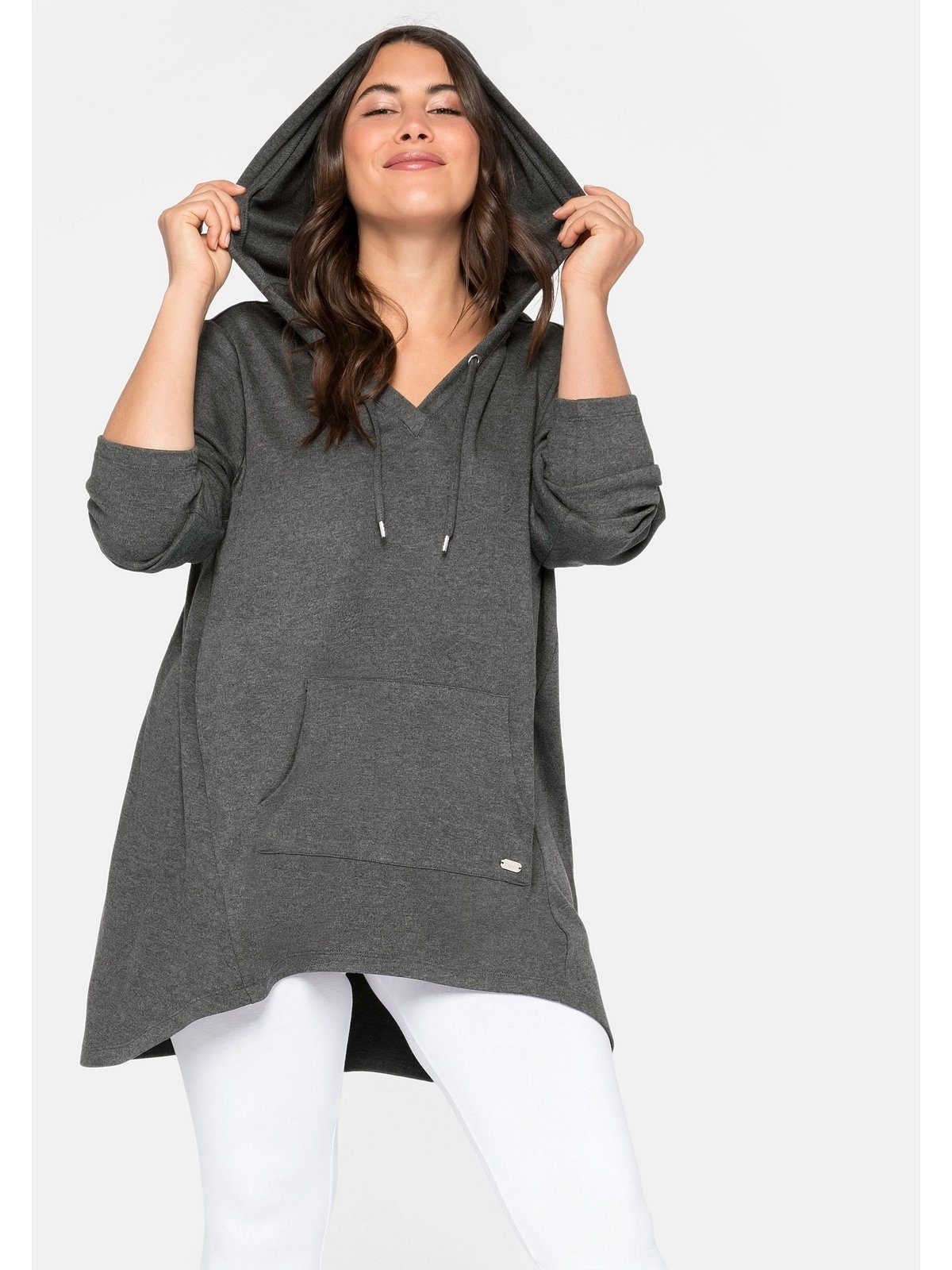 Sheego Longshirt Große Größen mit Kängurutasche, im Vokuhila-Schnitt grau meliert | V-Shirts