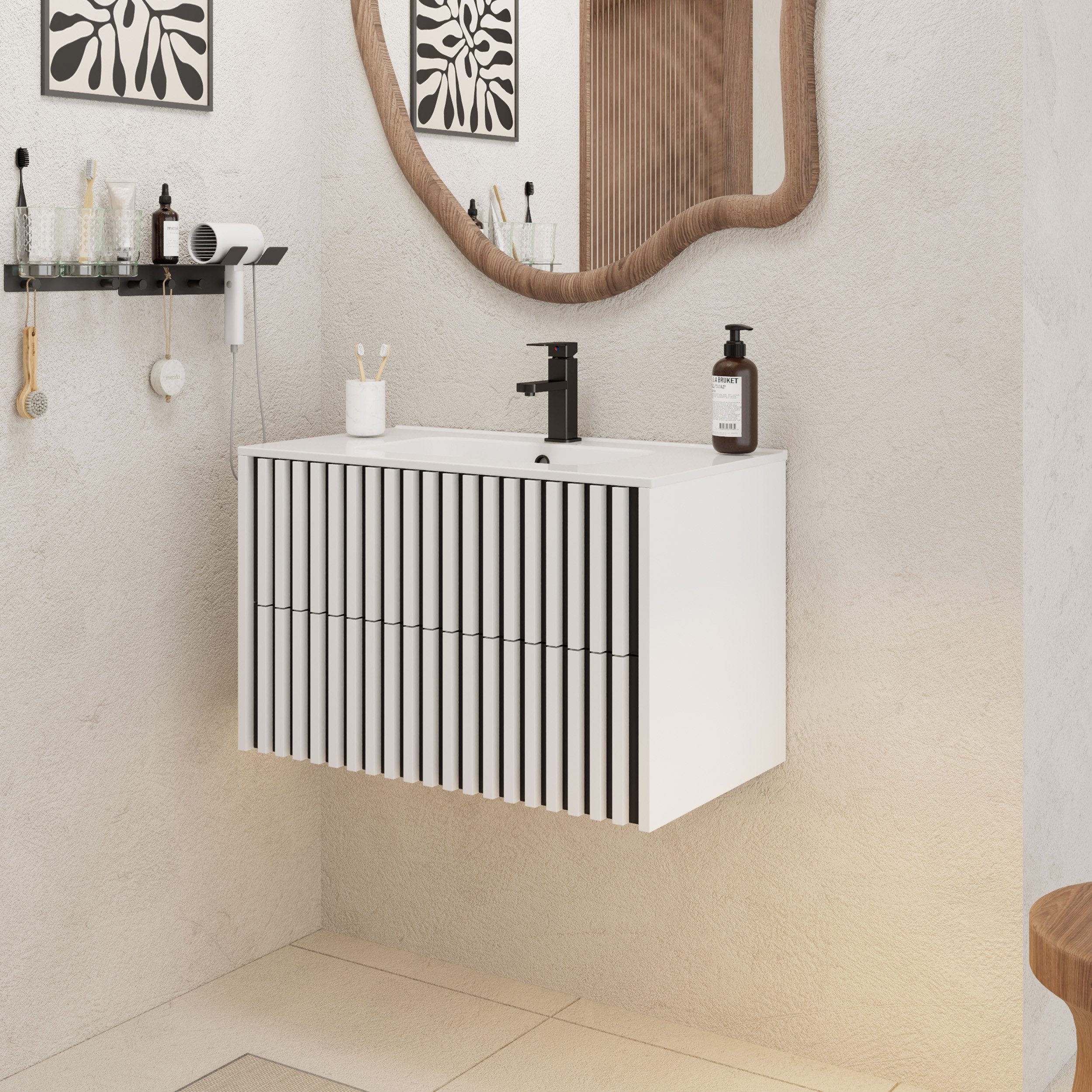 UEV Waschtisch Waschbecken mit Unterschrank set Badmöbel Gäste-WC (mit Wasserhahn und Pop-up-Ablassventil, Soft-close Schubladen,Waschbeckenunterschrank mit 2 Schubladen), Badezimmmer Schrank für Gäste WC, Komplett-Set Badmöbel
