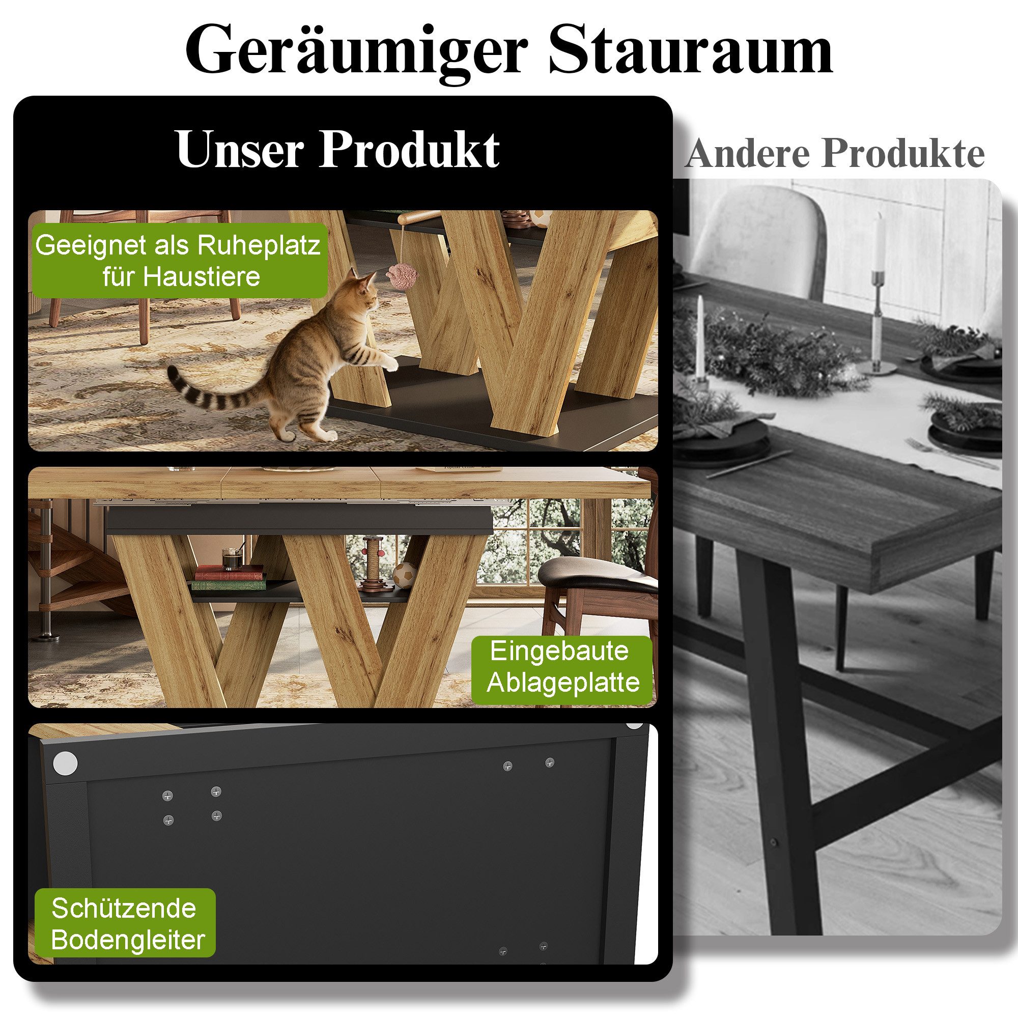 i@home Esstisch Teleskoptisch 119-158,5×80cm (Ausziehtisch mit W-förmigen Beinen und integriertem Stauraum), ideal für Küche, Wohnzimmer & Haustiere – Bild 4 von 5
