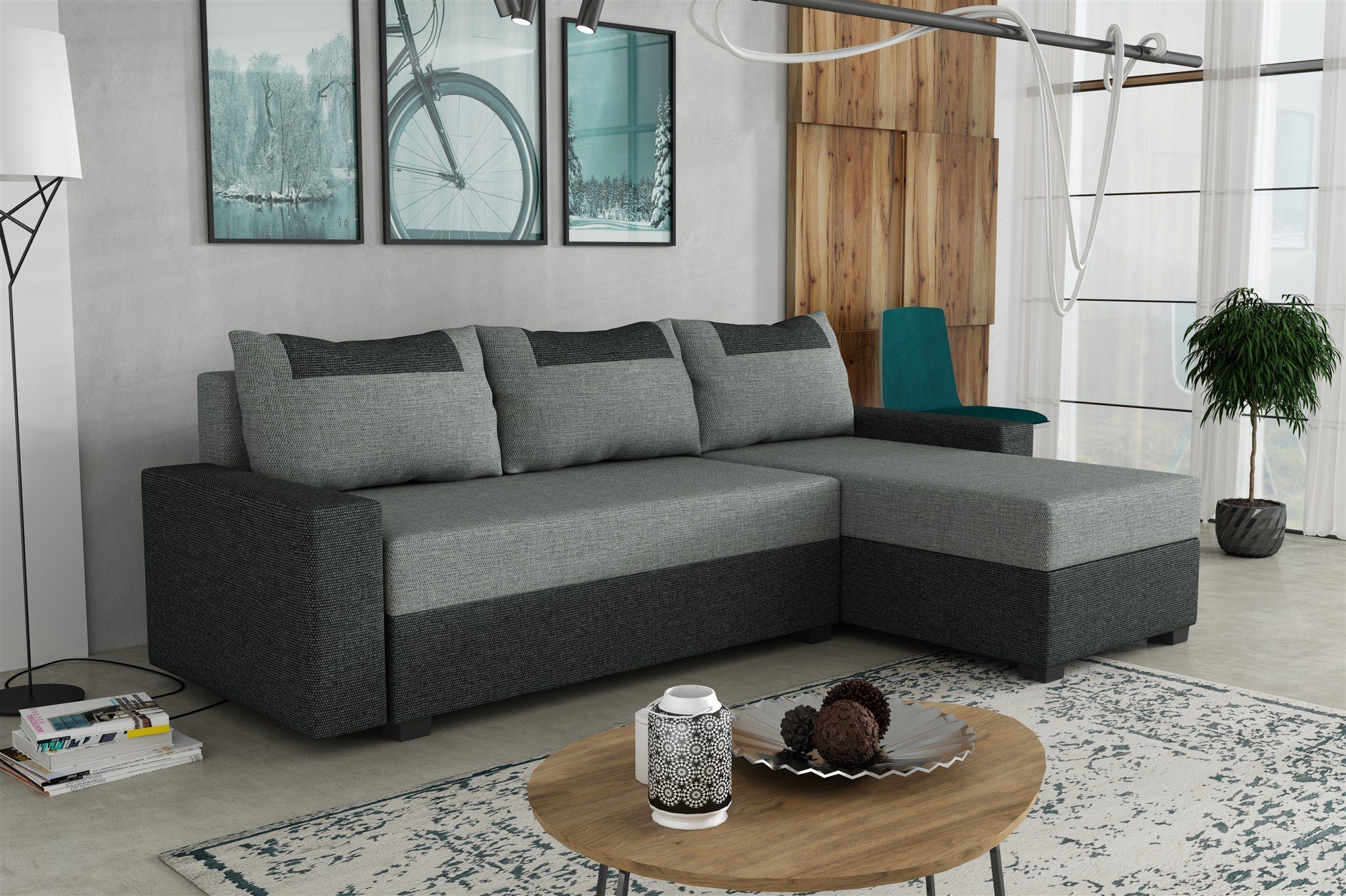 Fun Möbel Ecksofa Sofa HEDVIG LUX Ottomane Rechts oder Links mit Schlaffunktion, Schlafsofa mit Ottomane Links oder Rechts inkl. 3 Rückenkissen, Rundumbezug