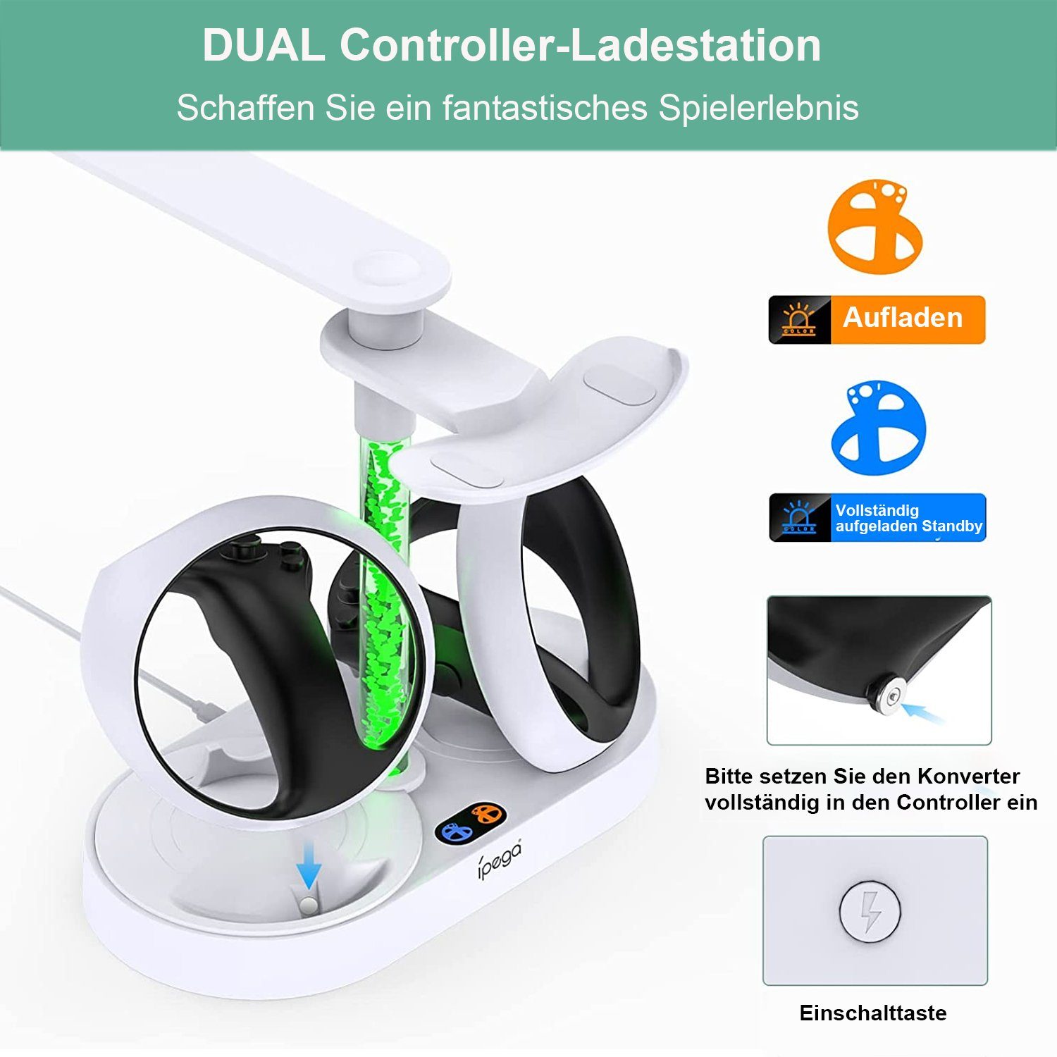 RGB-Lichter, magnetische Virtual-Reality-Brille VR2 Ladestation 4 Typ-C Adapter) Tadow PS für Controller, Schillernde (mit