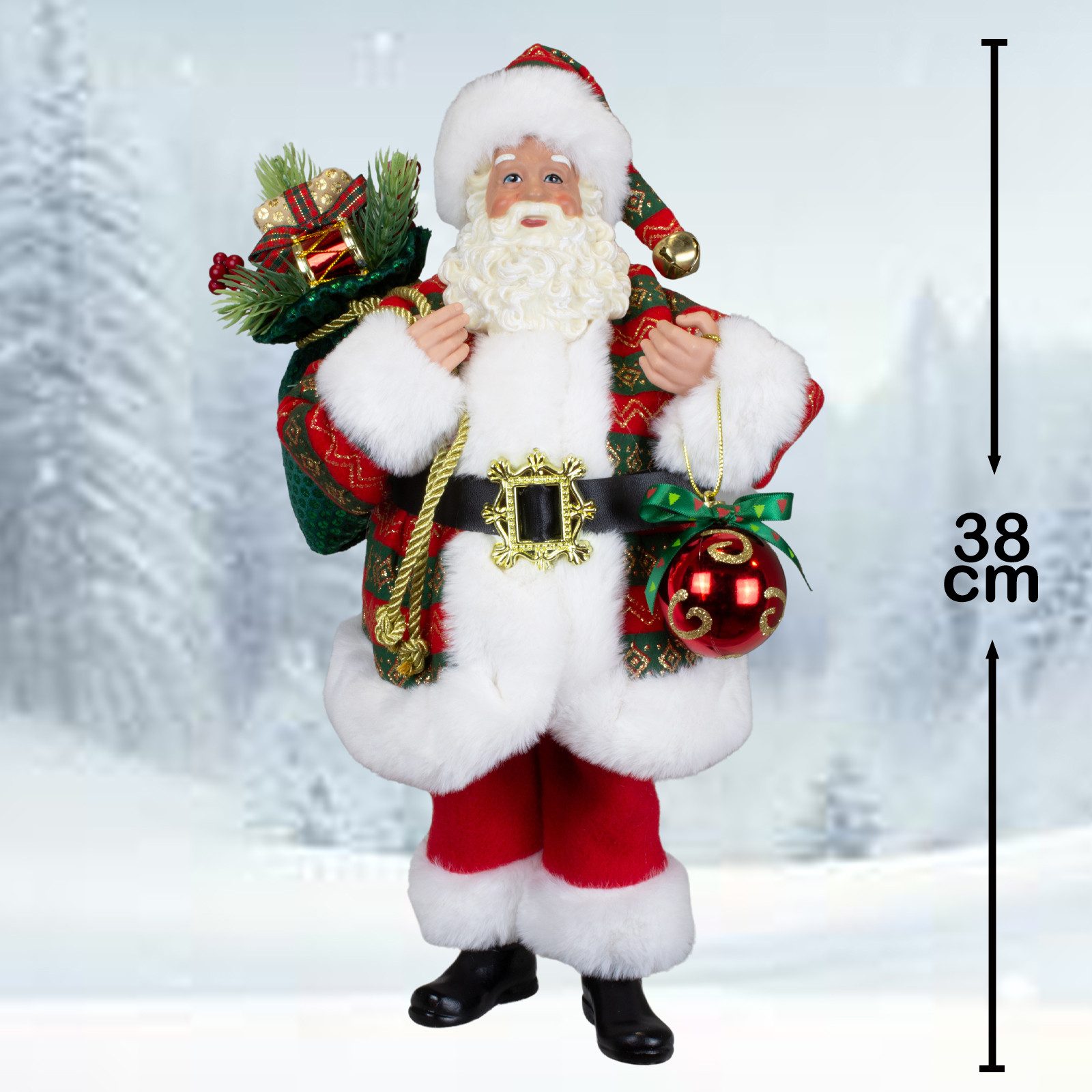 Christmas Paradise Weihnachtsmann Santa 38cm (stehend, 1 St., Weihnachtsdeko), rot-grün mit Geschenkesack