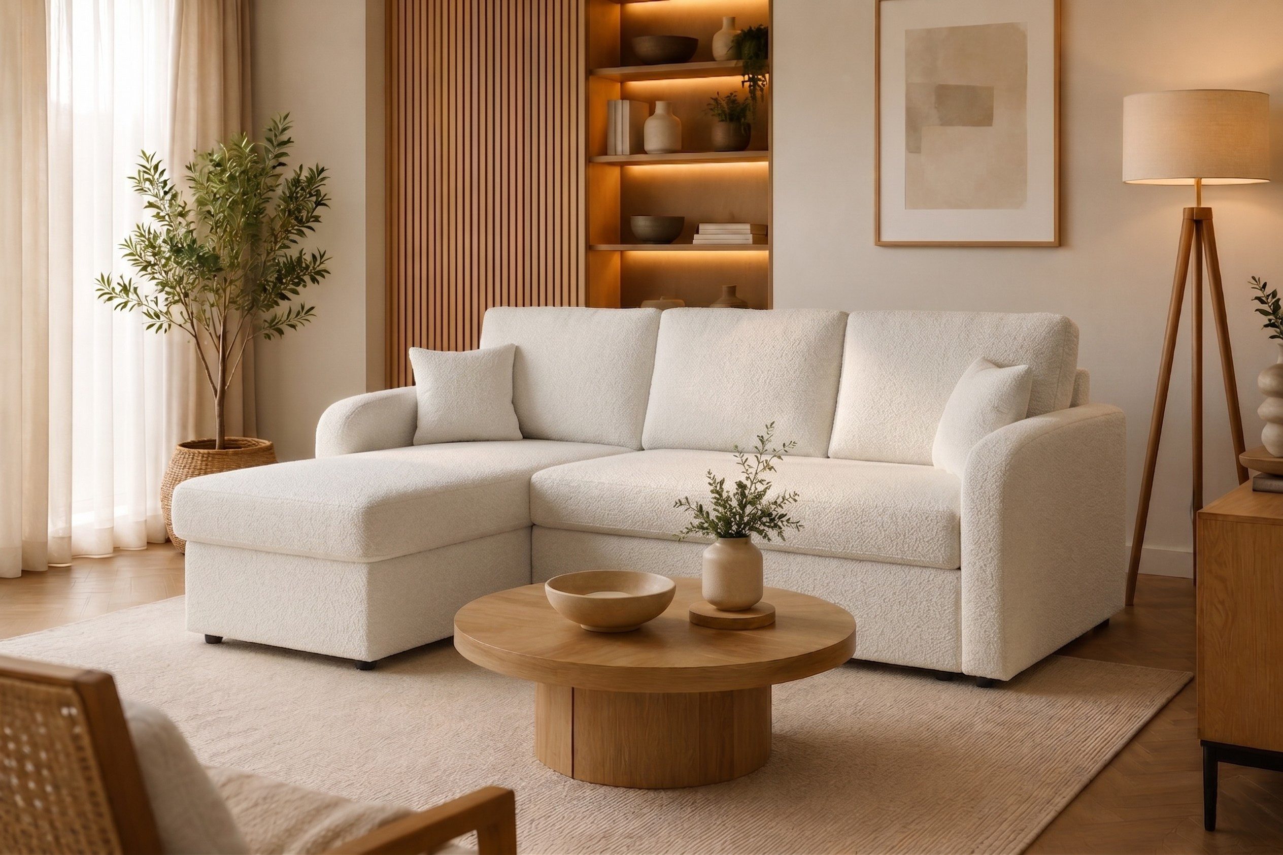 Labett Ecksofa BOSTON Universelles Ecksofa mit Schlaffunktion und Bettkasten – Ecru, Made in EU, Universelles Ecksofa
