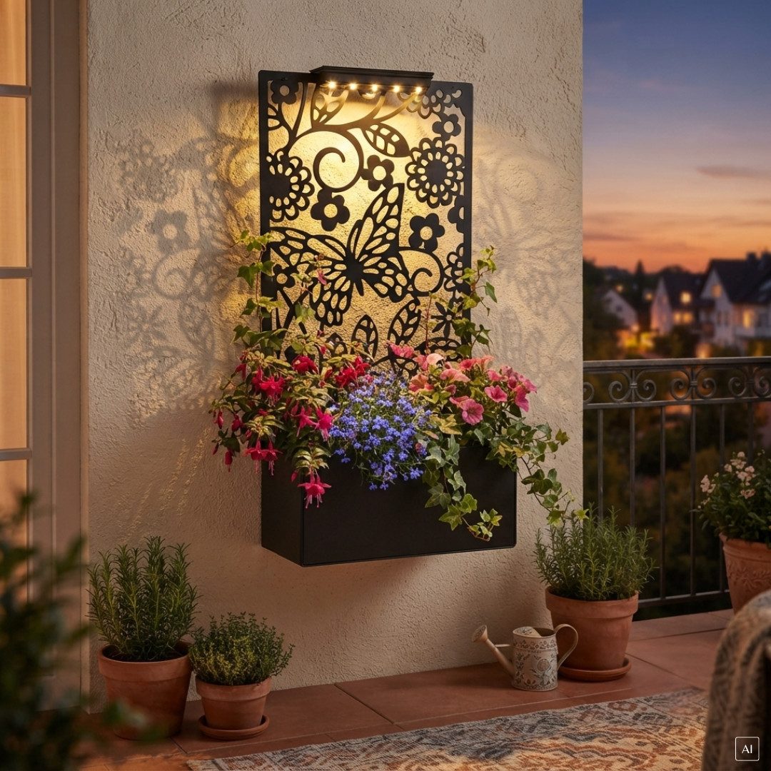 abc HOME Pflanzkübel Pflanzkasten mit Rankgitter & Solar LED – Wanddeko & Ständer, 64 cm