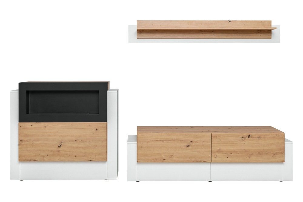 Stylefy Wohnwand 1xWandboard Set Modern, Wohnzimmer-Set, Weiß, Eiche 1xLowboard, mit aus (Wohnmöbel, Holzwerkstoff aus bestehend Bianco, (3-St), Push-to-Open, Aurora mit 1xKommode Kamin, und