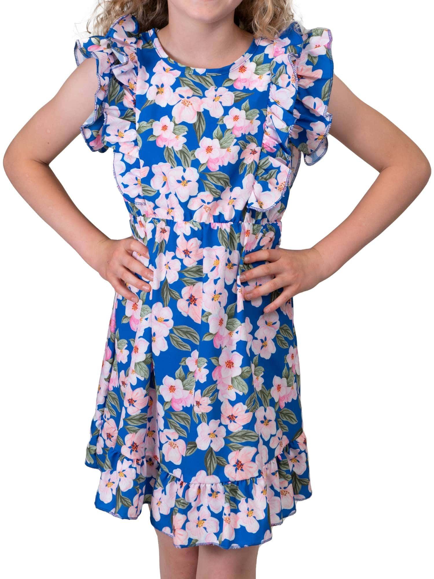 zu Mädchen Volants bequem Blau KMISSO Blumenmotiv Kleid mit 30384 Sommerkleid (1-tlg) tragen