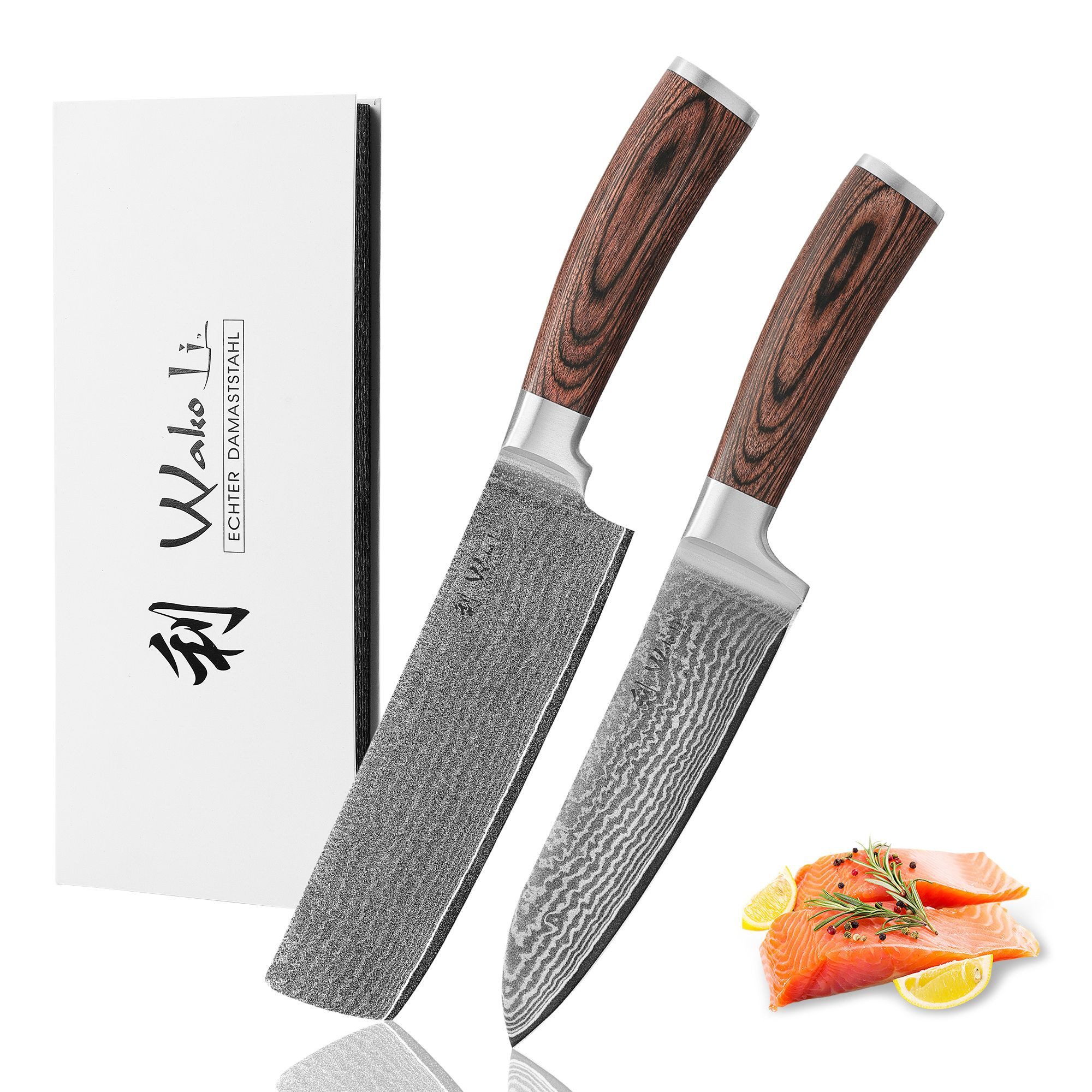 Wakoli Messer-Set Edib 2er Damastmesser-Set Kochmesser Küchenmesser 17 / 17,5cm Klingen (Damastmesser mit Geschenkbox, 2-tlg., 1x Santoku, 1x Nakiri), aus 67 Lagen Damaststahl mit Kupfereinlage, VG-10 Stahlkern