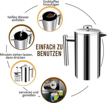 BlauCoastal French Press Kanne Edelstahl Kaffeebereiter mit Thermo Effekt, 0.35l Kaffeekanne, 0.35l,0.8l,1l Kaffeekanne, Kaffeepresse