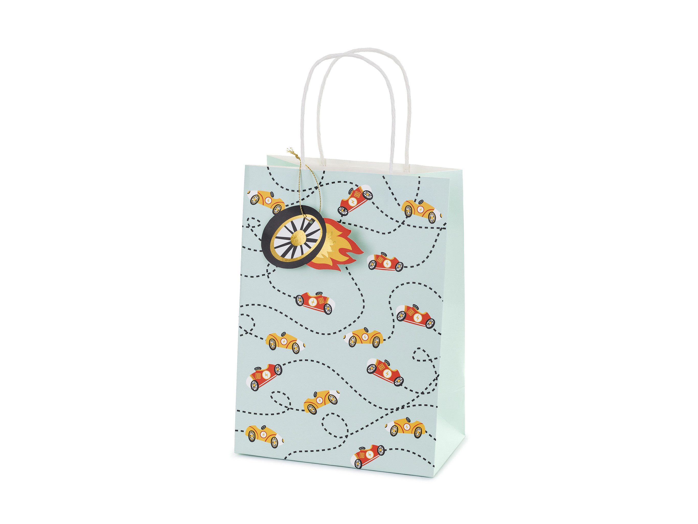 partydeco Aufbewahrungstasche, Geschenktüte Auto mit Henkel 18x25x10cm Blau / Rot / Gelb