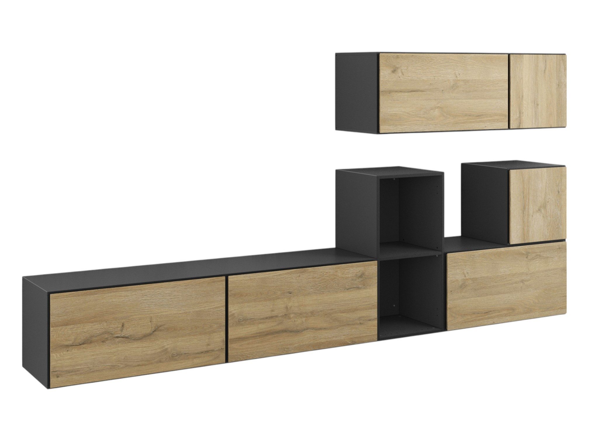 moebel-dich-auf Wohnwand VARIANTO 1, (7- teilig., besteht aus 4x Schrank mit Klappe, 2x Schrank mit Tür,1x offenes Regal), MDF Fronten tiefgezogen, Softclose