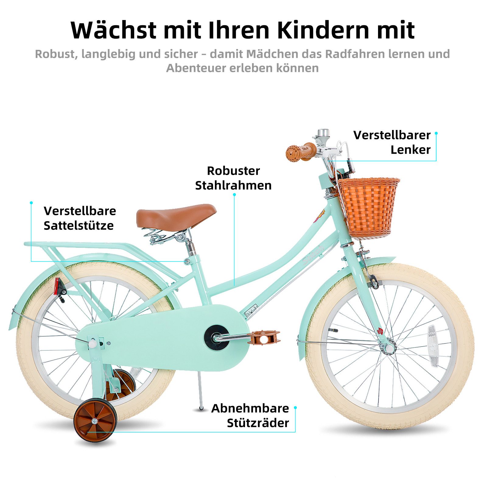 JOYSTAR Kinderfahrrad 12 14 16 18 Zoll fahrrad für 2-9 Jahre alte Mädchen & Jungen, mit Kotflügel, Stützrädern, Korb, Gepäckträger, Kettenabdeckung