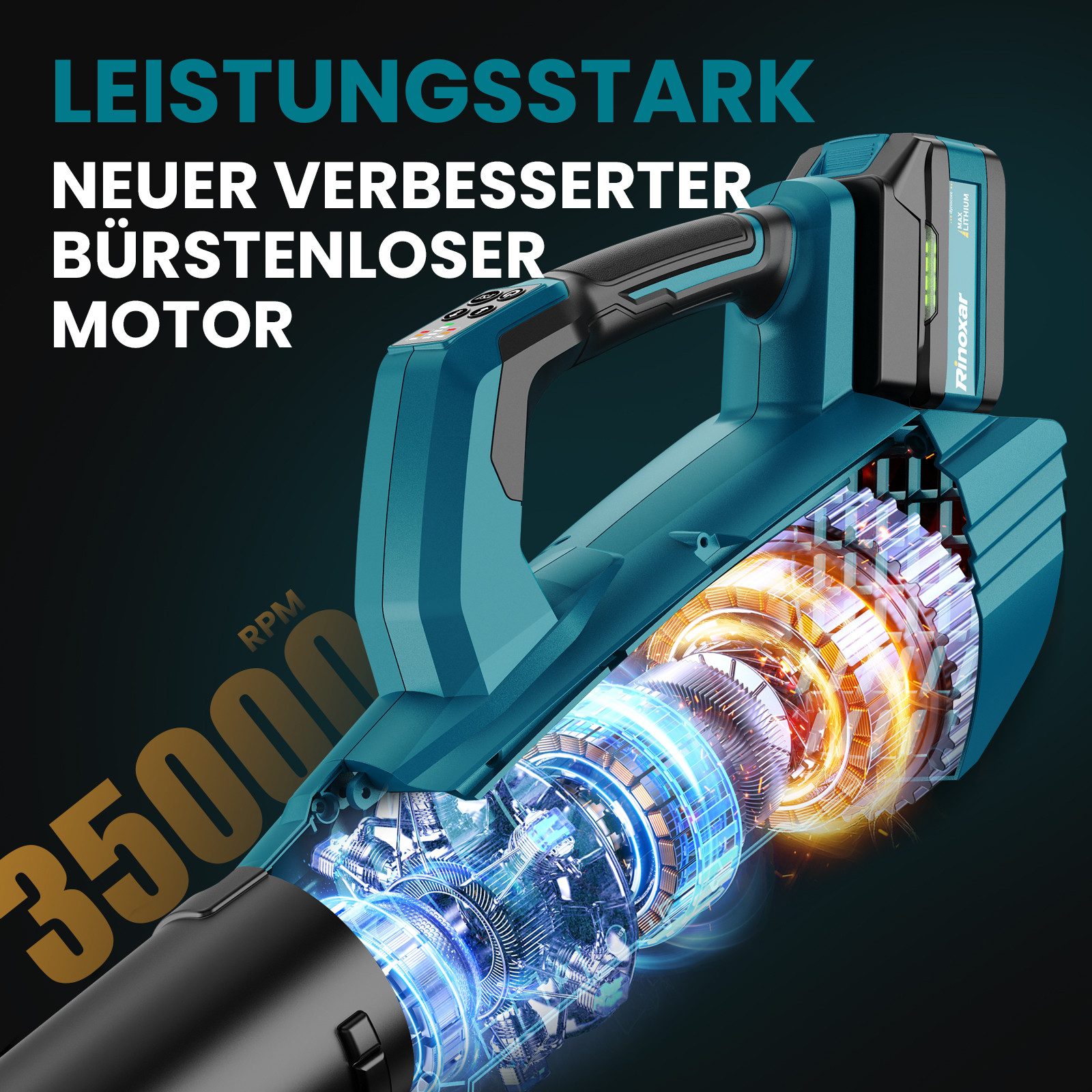 Rinoxar Akku-Laubbläser Akku Laubbläser, Laubgebläse Akku mit Bürstenlosem Motor 35000RPM 850W, 5 Geschwindigkeiten, mit 2x5200mAh/18V Batterien, 2 Wechselbare Düsen