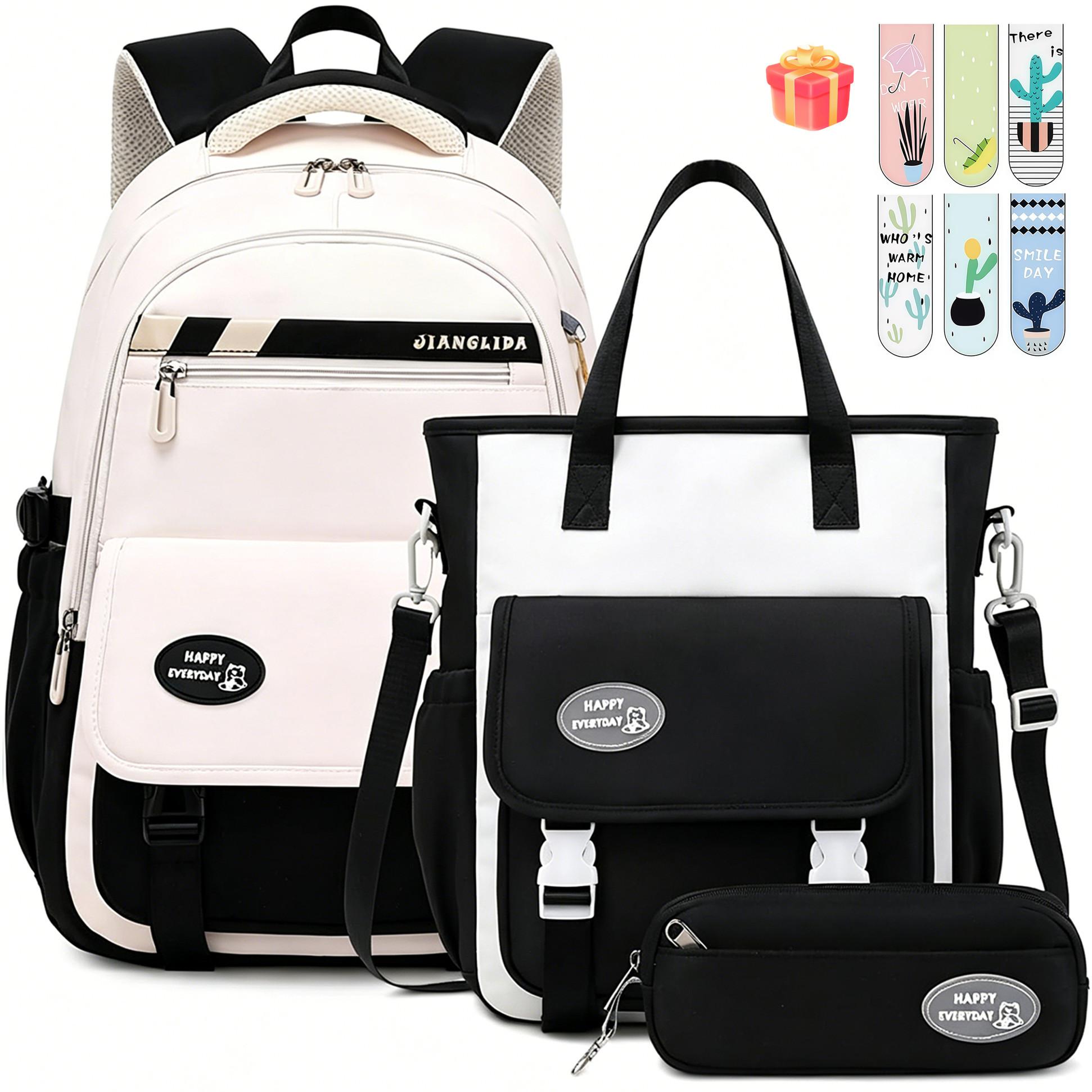 MOPUEA Schulrucksack 3-teiliges Schulrucksack-Set Turnbeutel Mit 6 magnetischen Lesezeichen (Multi-Tasche Schulranzen Rucksack Daypacks Schultaschen-Set Teenager, 3-tlg., Rucksack, Umhängetasche und Federmäppchen)