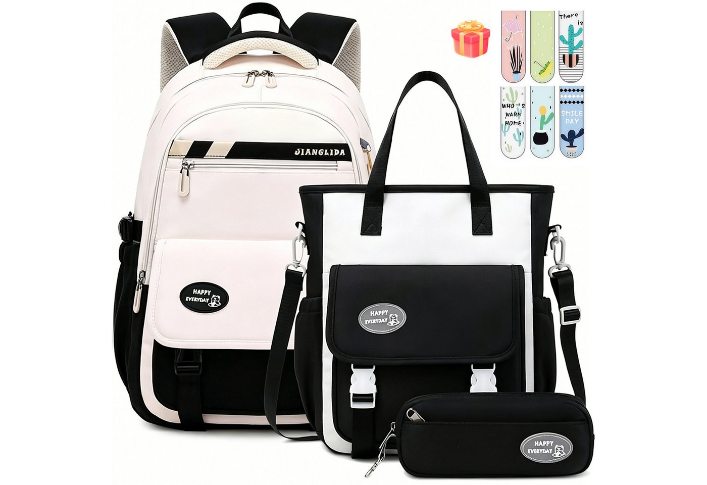MOPUEA Schulrucksack 3-teiliges Schulrucksack-Set Turnbeutel Mit 6 magnetischen Lesezeichen (Multi-Tasche Schulranzen Rucksack Daypacks Schultaschen-Set Teenager, 3-tlg), mit Lunchbox, Federmäppchen und süßem Anhänger, 3-teilig