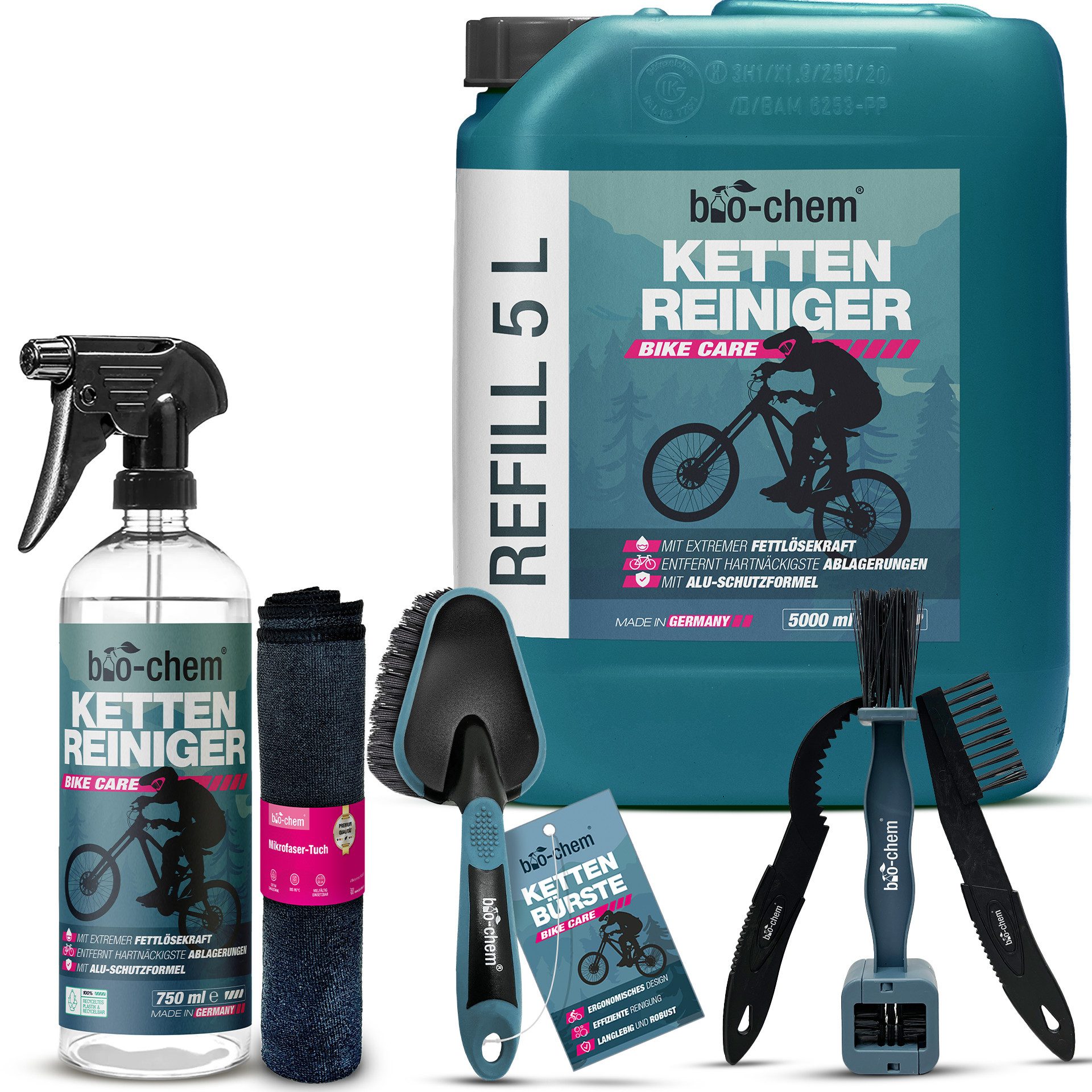 bio-chem bio-chem Kettenreiniger Fahrrad flüssig - 5 Liter inkl. Zubehör Zweiradreiniger (Sparpaket, [- Kettenreiniger 5 l Kanister + 0.75 l Handsprayflasche + Zubehör Lösemittelfreier Entfetter, materialschonend)