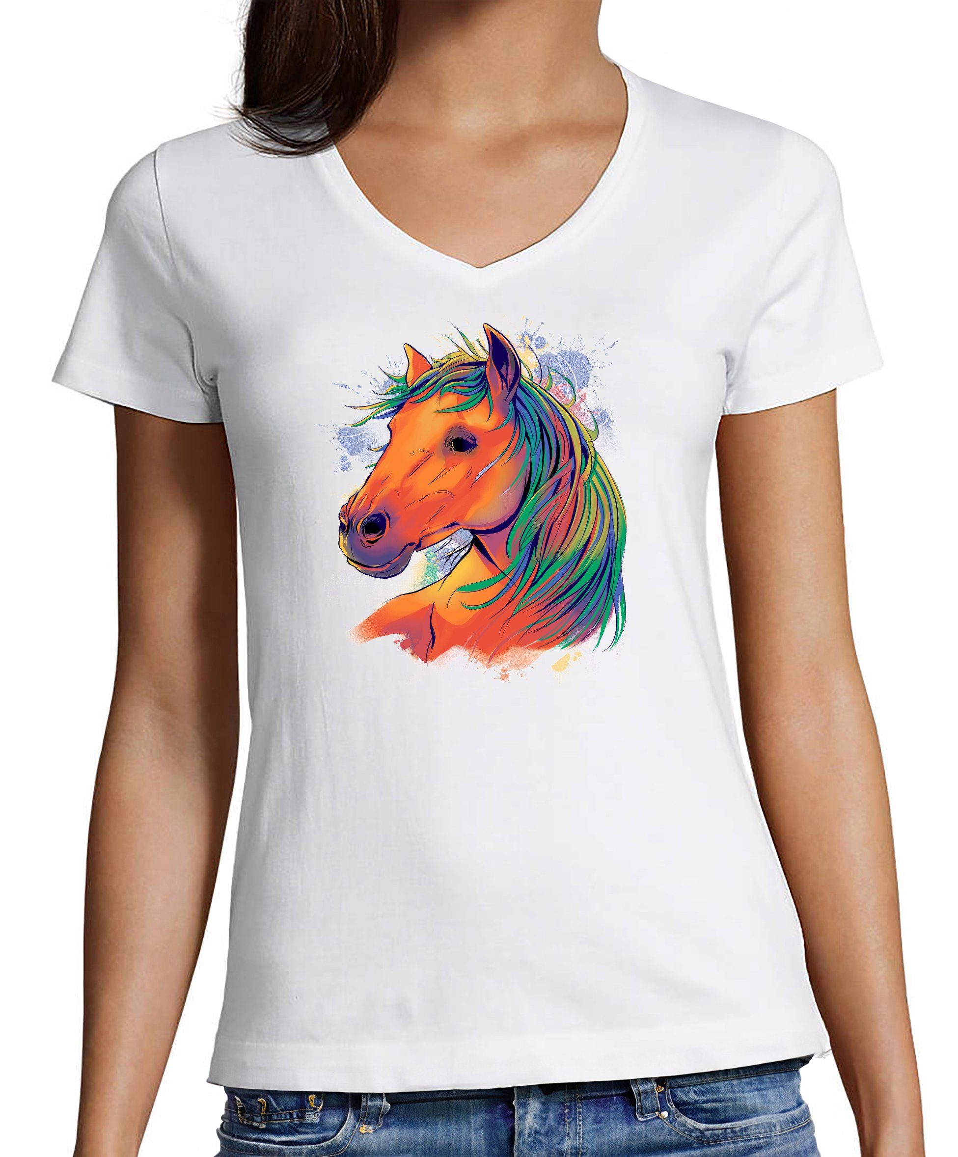 T-Shirt Damen Pferde Print Shirt bedruckt - Pferdekopf in Ölfarben