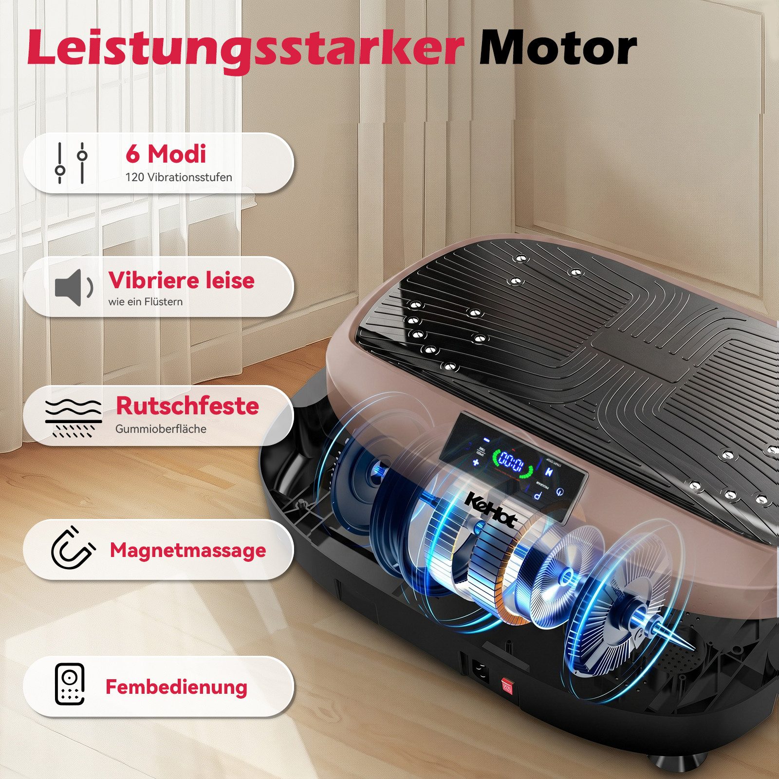 kehot Vibrationsplatte Vibrationsplatte für Homefitness mit Trainingsbändern, Fernbedienung, 200 W, 120 Intensitätsstufen, 6 Programme für tägliche Bewegung und Ganzkörpertraining zuhause