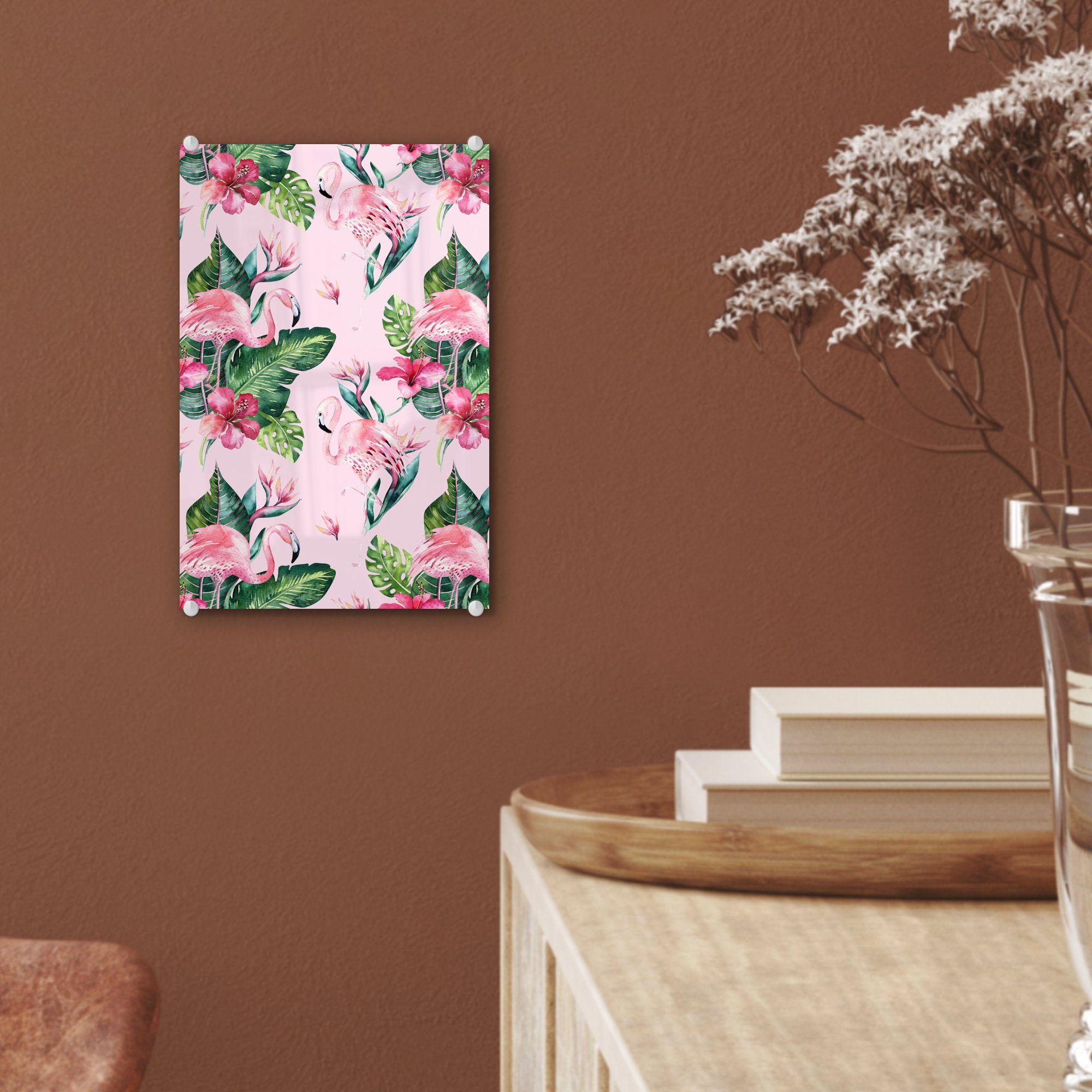 Glas Wanddekoration auf Foto Glas Pflanzen, Glasbilder St), (1 Acrylglasbild Bilder - auf - bunt - Wandbild MuchoWow Blumen Flamingo - -