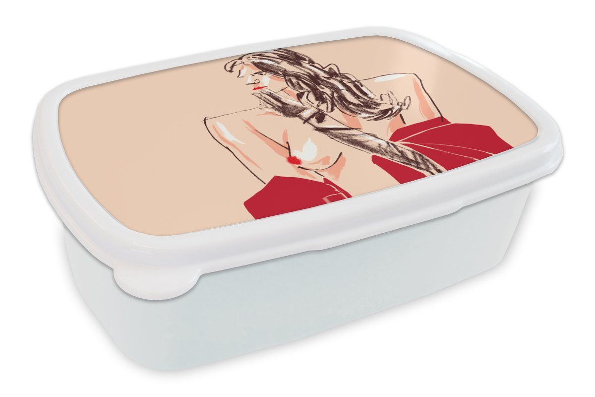 MuchoWow Lunchbox Frau - Porträt - Pastell - Rot, Kunststoff, (2-tlg), Brotbox für Kinder und Erwachsene, Brotdose, für Jungs und Mädchen weiß