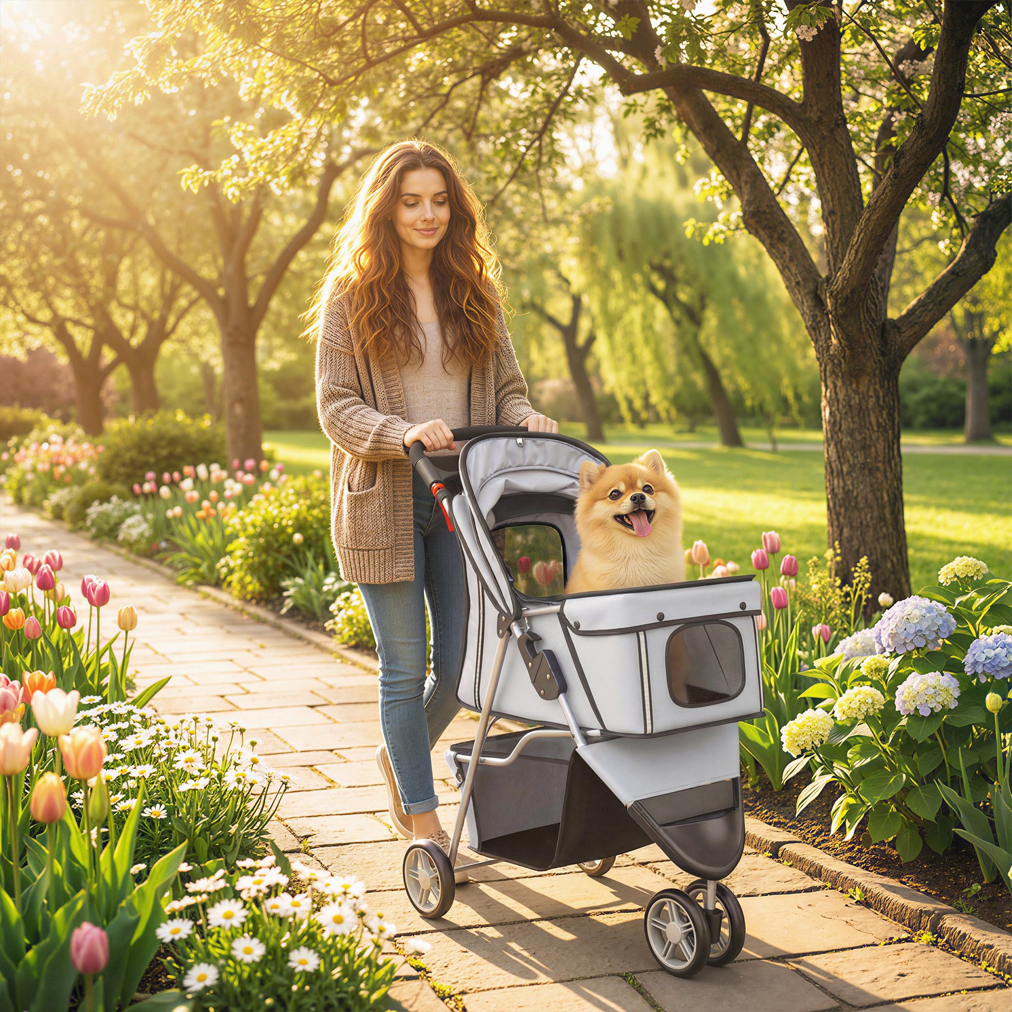 PawHut Hundebuggy Katzenwagen Haustierbuggy verstellbares Verdeck Aufbewahrungskorb, (klappbar Hundewagen, 1-tlg), für kleine Hunde bis 10kg, Grau