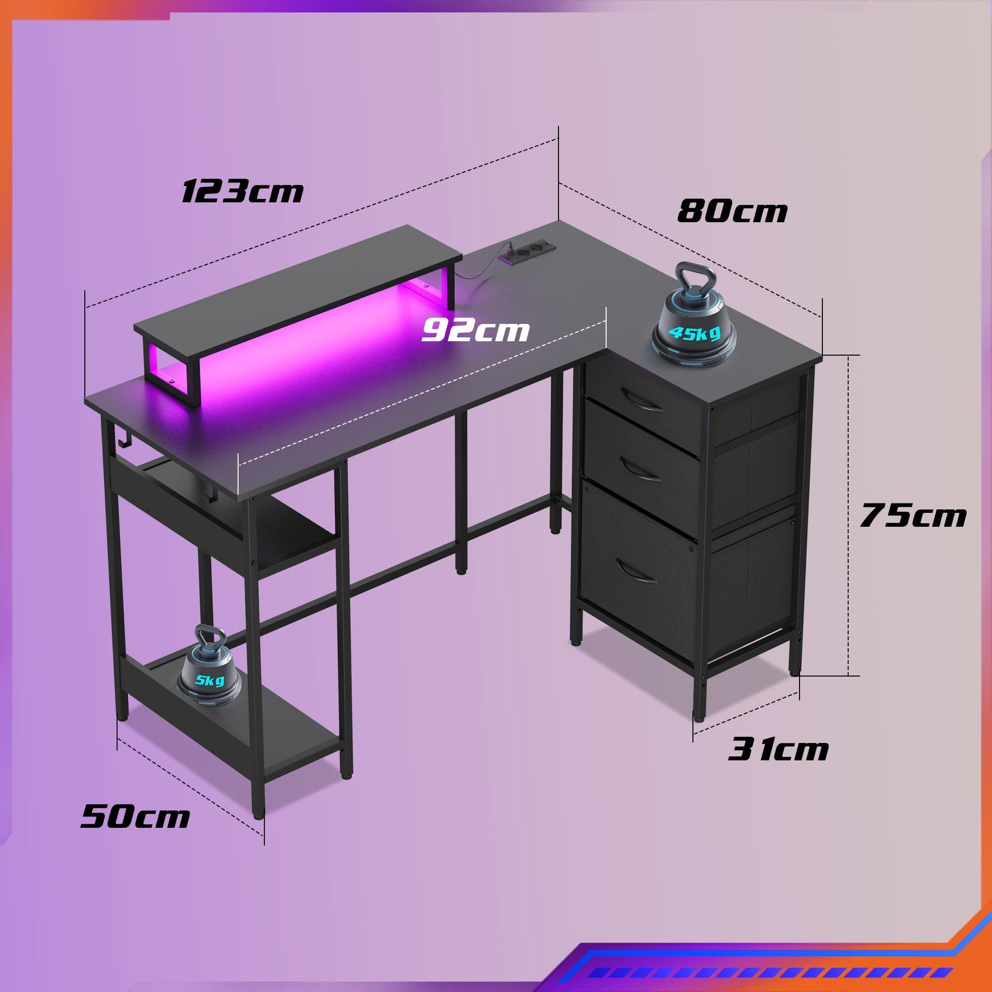 DEVAISE Computertisch Gamingtisch 111/120/140 x 80 cm Computertisch, L-förmiger Schreibtisch (Packung, Tablett mit Ständer), Computertisch mit LED, 2 USB und 2 AC-Steckdosen, für Büro