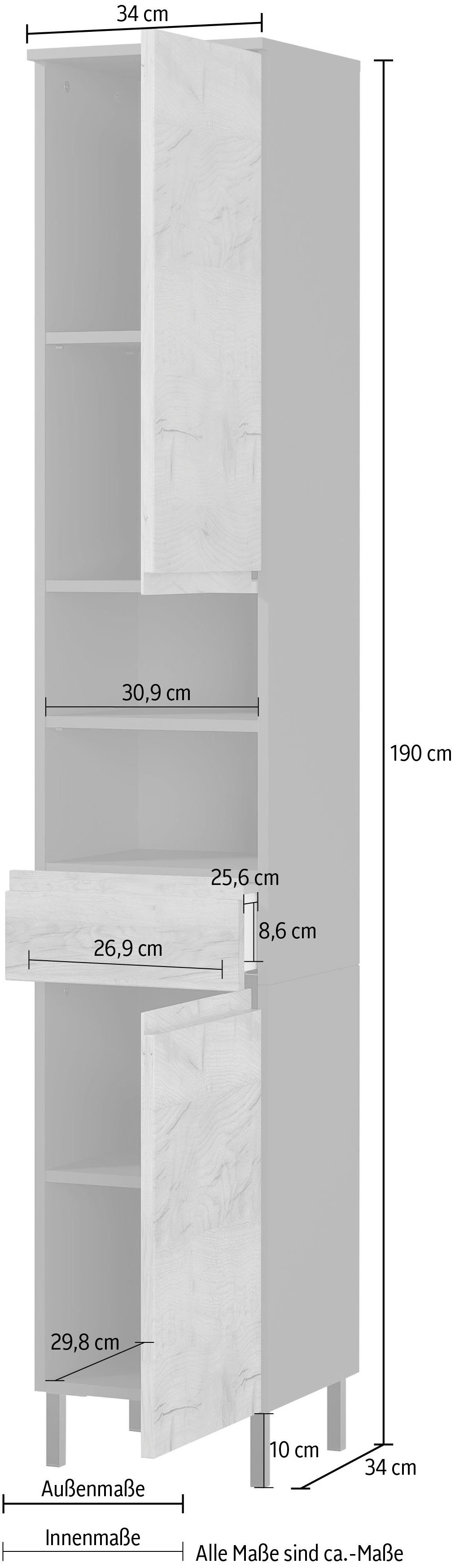 Scantic Graphit | Breite cm, 2 Hochschrank Graphit/Grandson-Eiche-Nb. 1 Schubkasten, GERMANIA Badezimmerschrank, 34 Fächer 2 Türen,