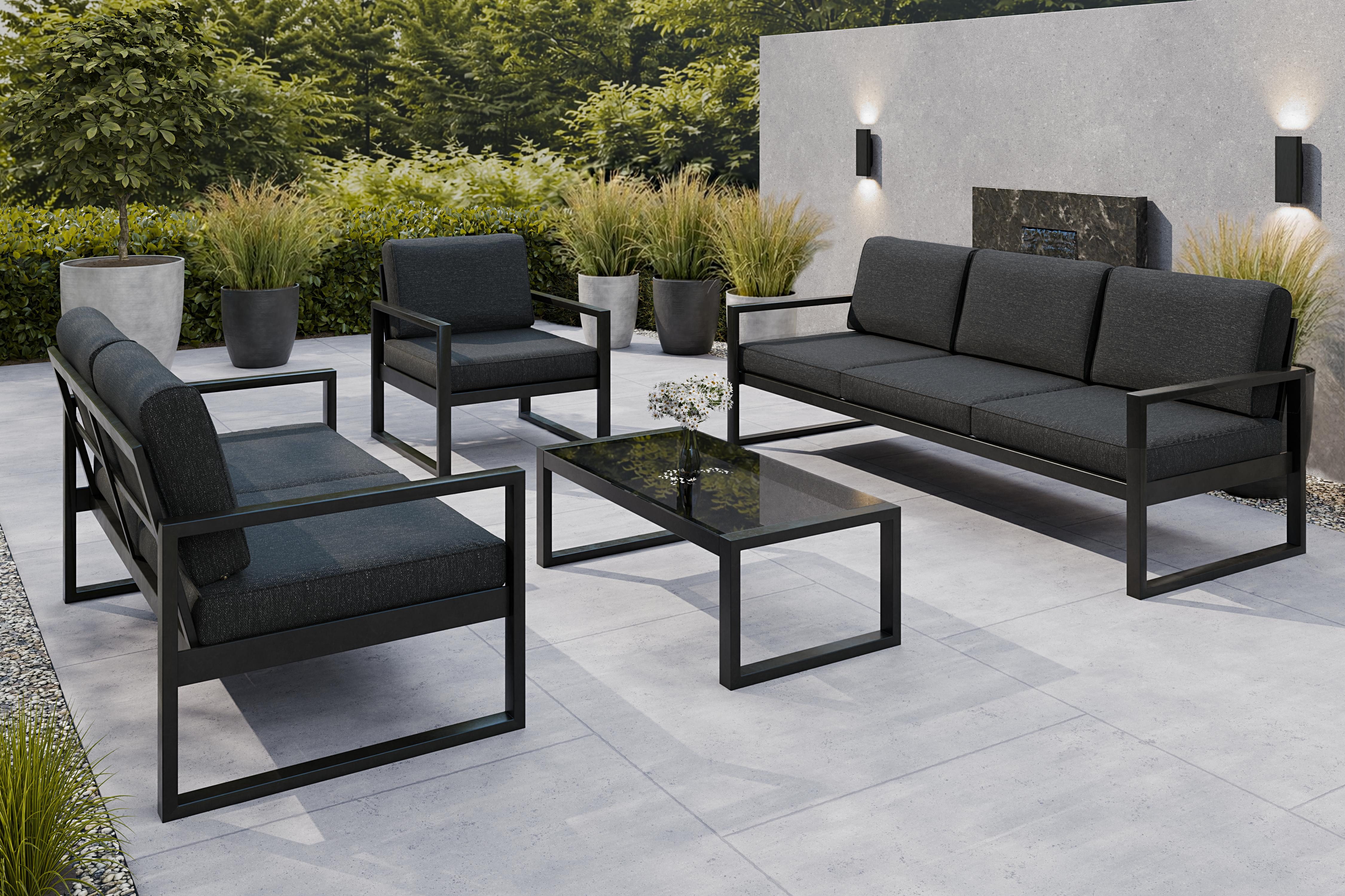 Design Möbel Gartenlounge-Set Gartenmöbel Set Solar Lounge Sofa Sessel Tisch Metall SCHWARZ