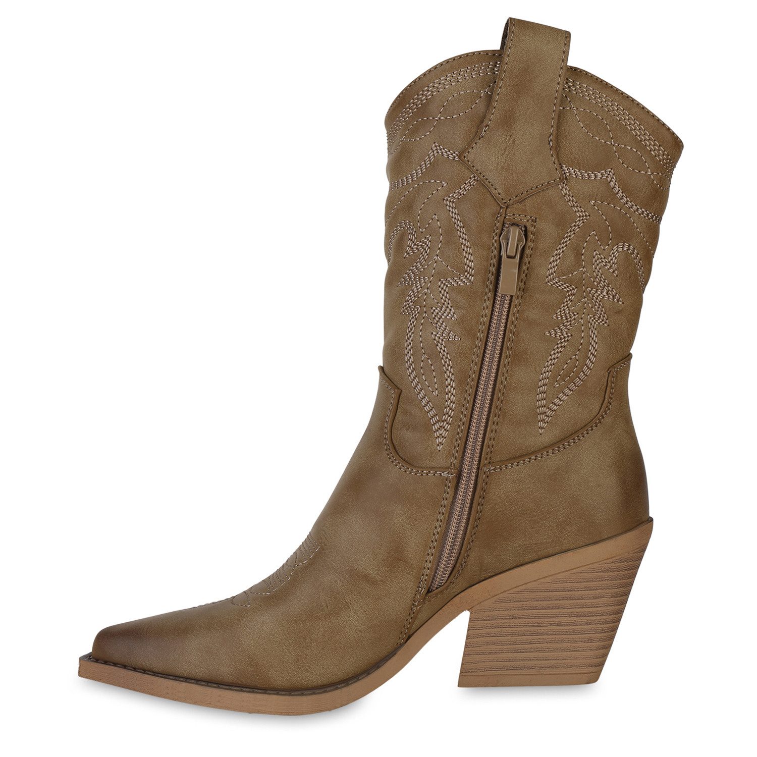 VAN HILL 841116 Cowboystiefel Damen Cowboystiefel Stiefel Spitz Zierperlen Holzoptikabsatz Schuh