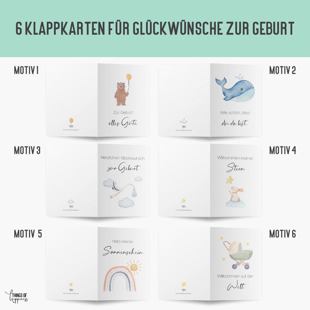 Things of Happiness Grußkarten 6 Glückwunschkarten zur Geburt Baby, Set Klappkarten Geburt, 6 Karten und 6 Briefumschläge aus Recyclingpapier, aquarell Still